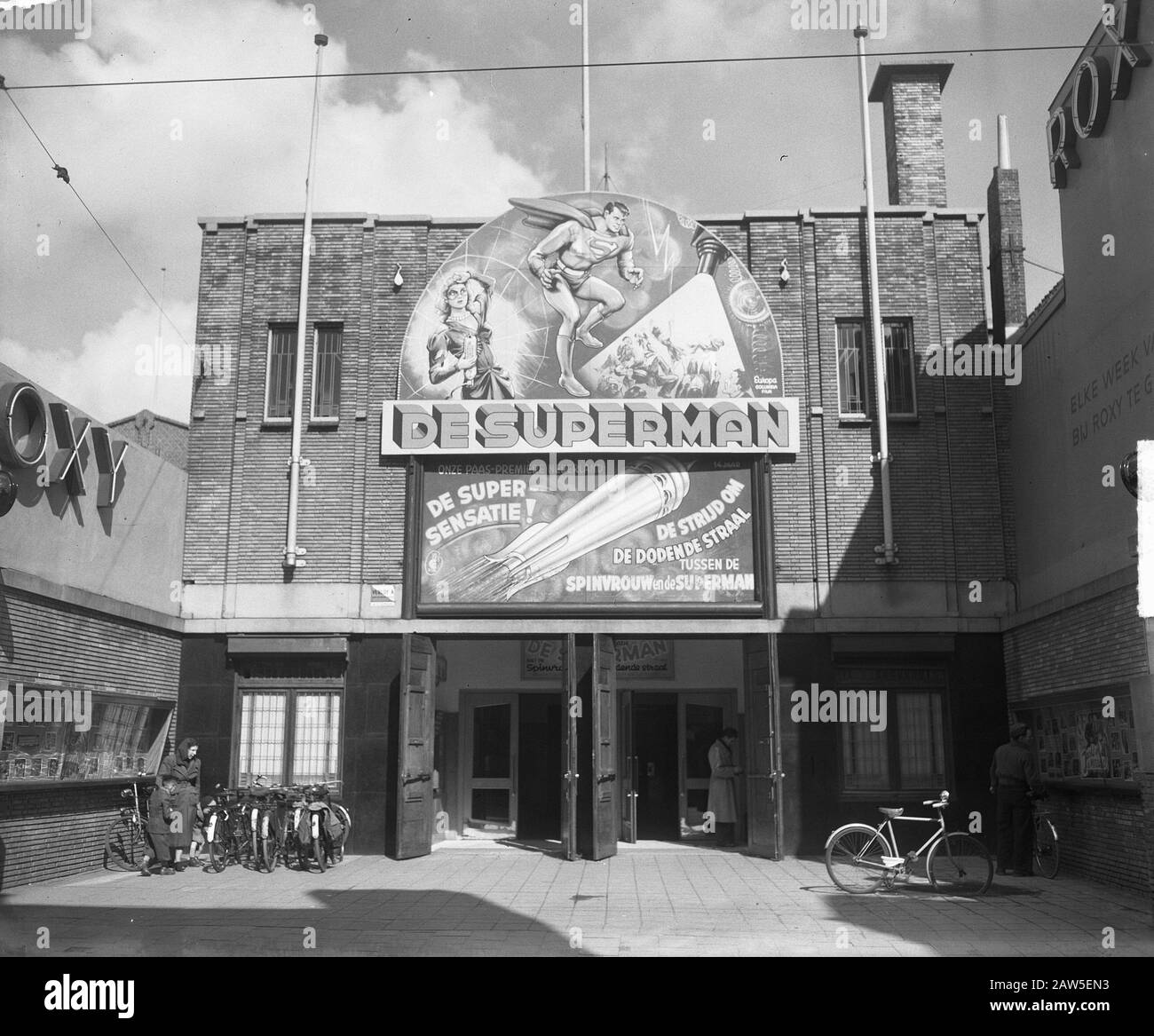 Advertising for the film Superman on the facade of the Roxy Theater Annotation: Mission Europa Film Hague Date: April 12, 1950 Location: The Hague, South Holland Keywords cinemas, advertising Institution Name: Roxy Theater Stock Photo