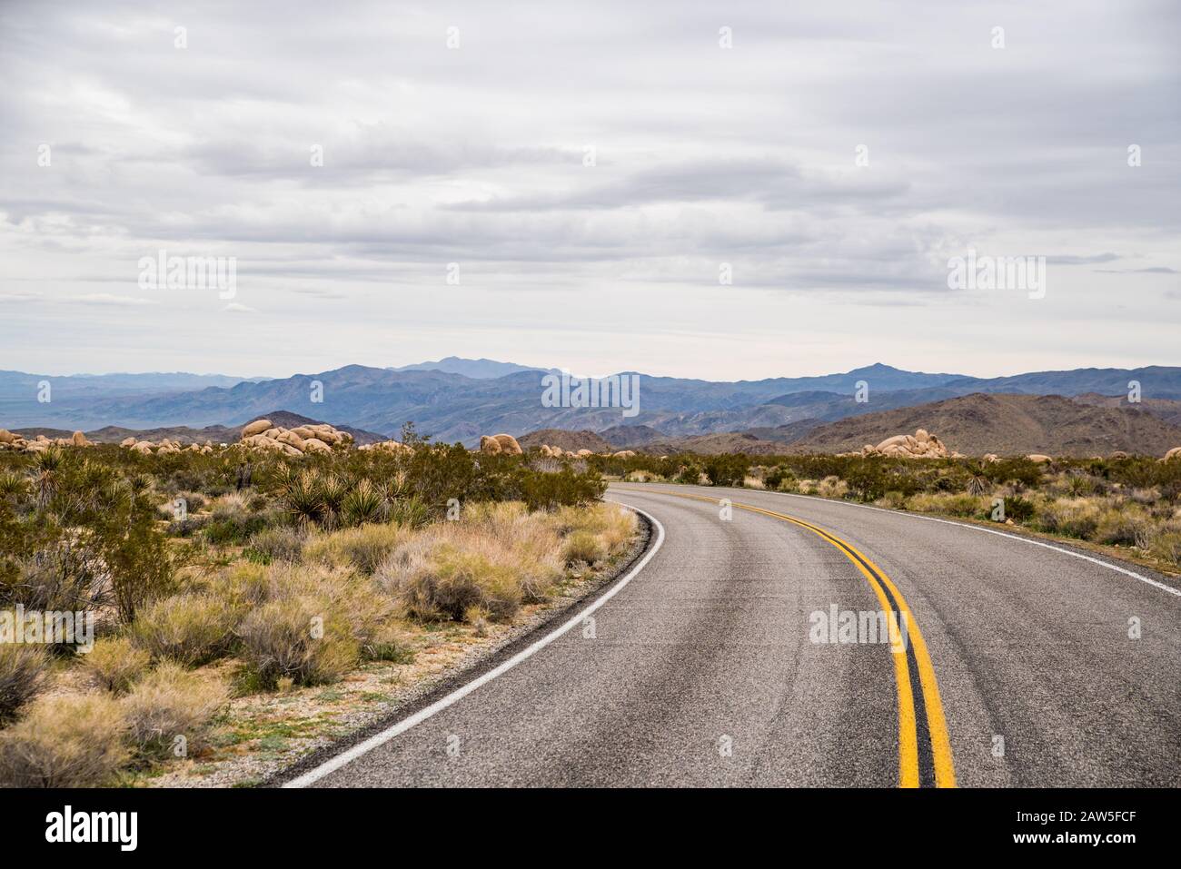 Curved road in Joshua Tree national park leading to hill scape far off Stock Photo