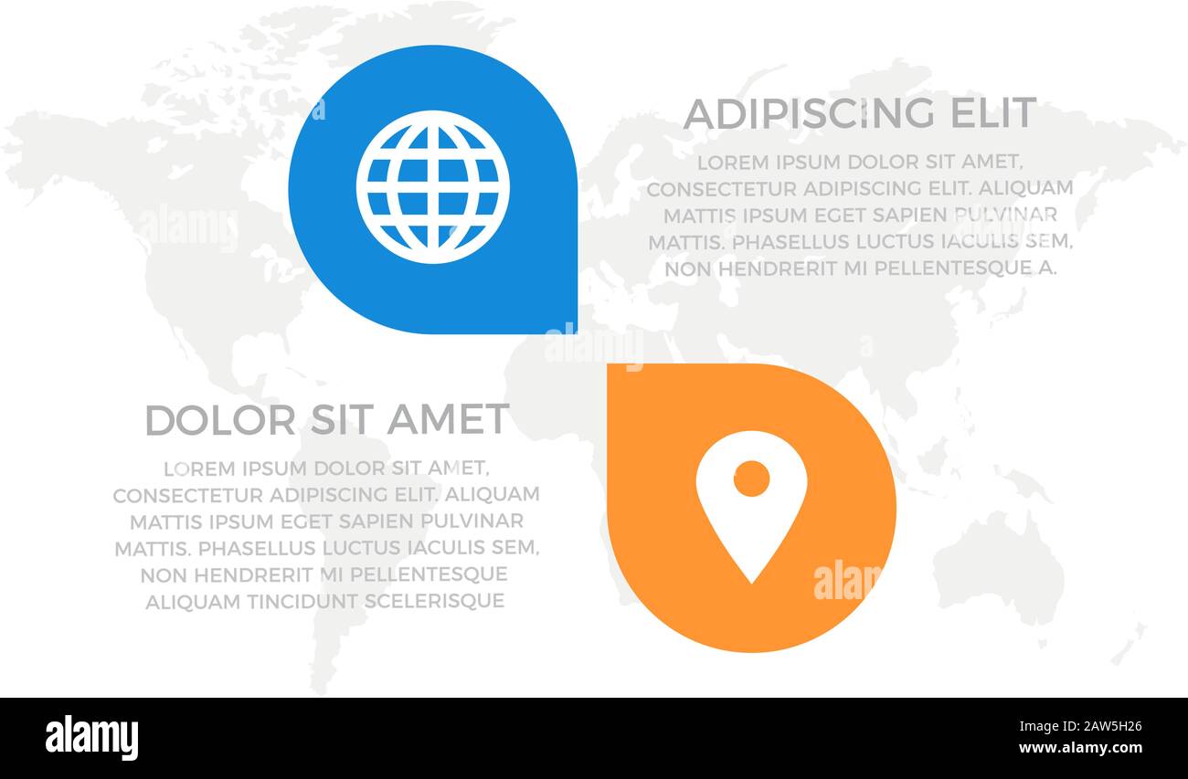 Set of orange, blue elements for infographic with world map presentation slides. Stock Vector