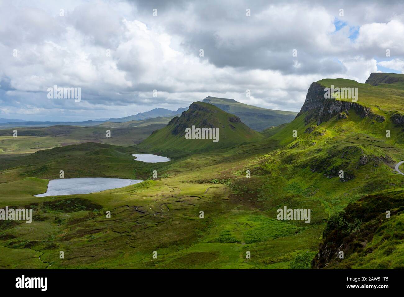Lochs, Blue Sky with Clouds in Quiraing Isle of Skye Scotland Stock Photo