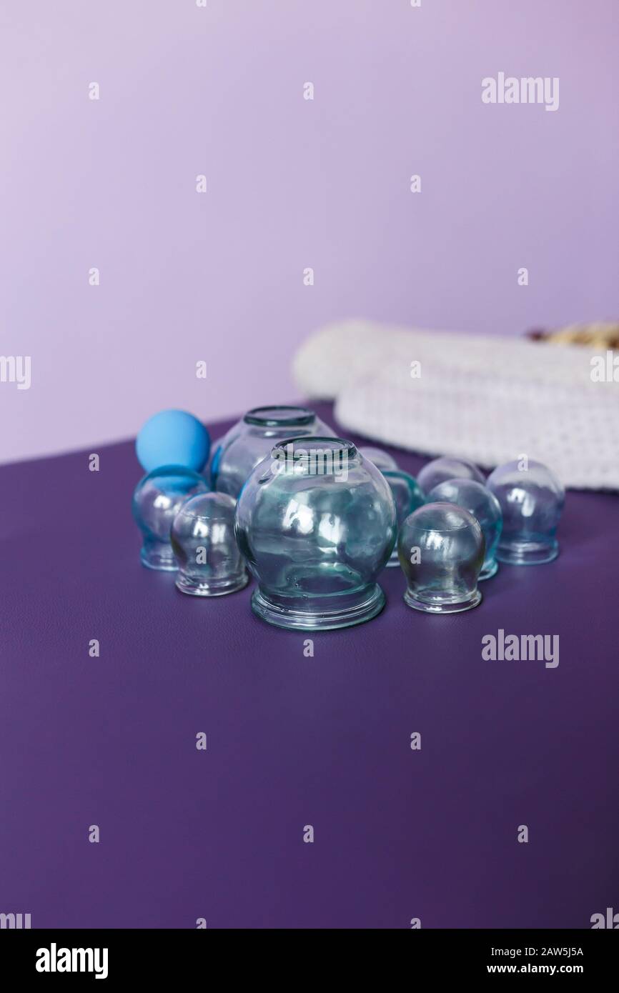 The Therapeutic Massage Glass Tool Set Of Different Spa Equipment Stock