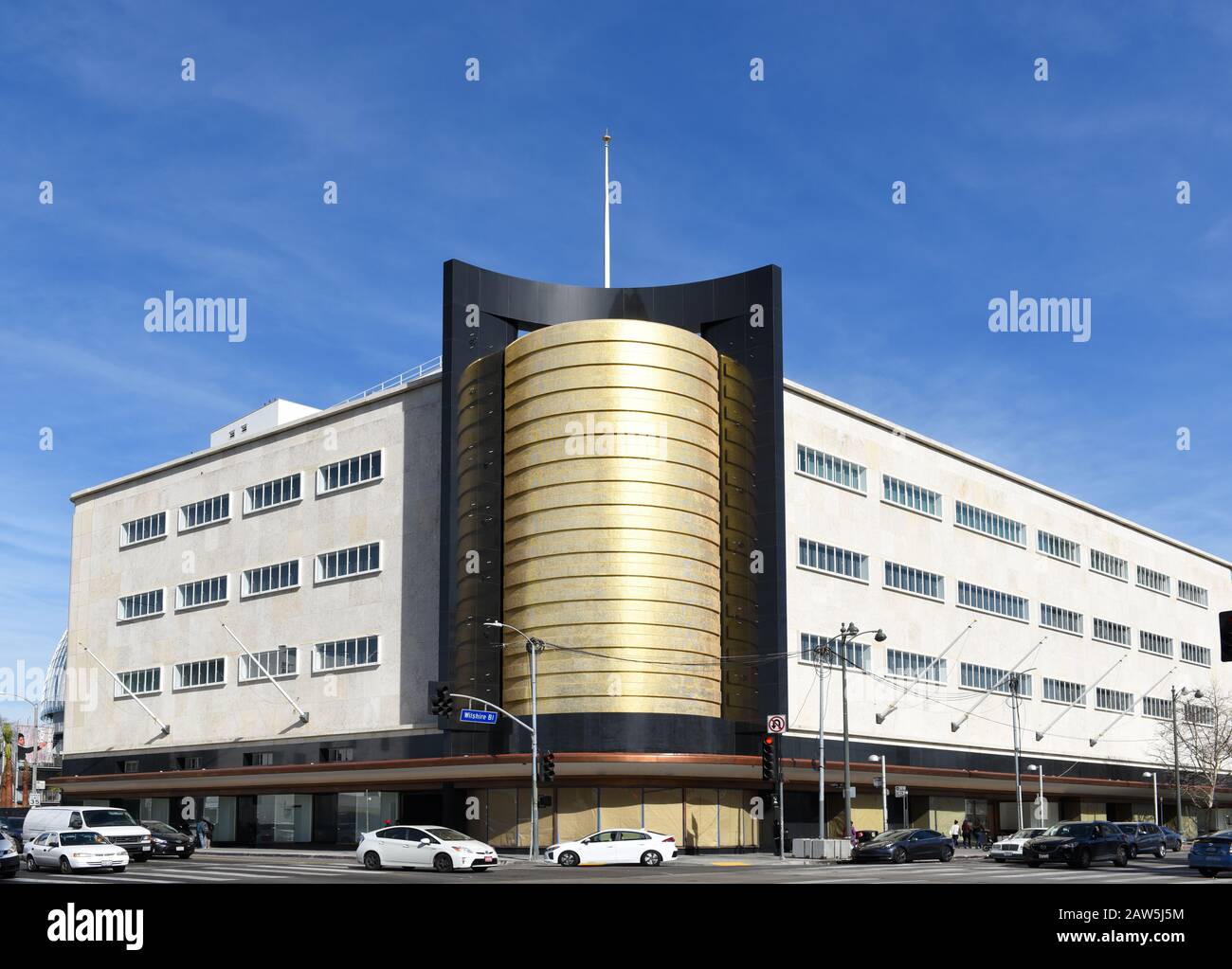 LOS ANGELES, CALIFORNIA - 05 FEB 2020: Construction of the Academy Museum of Motion Pictures at the intersection of Fairfax Avenue and Wilshire Boulev Stock Photo