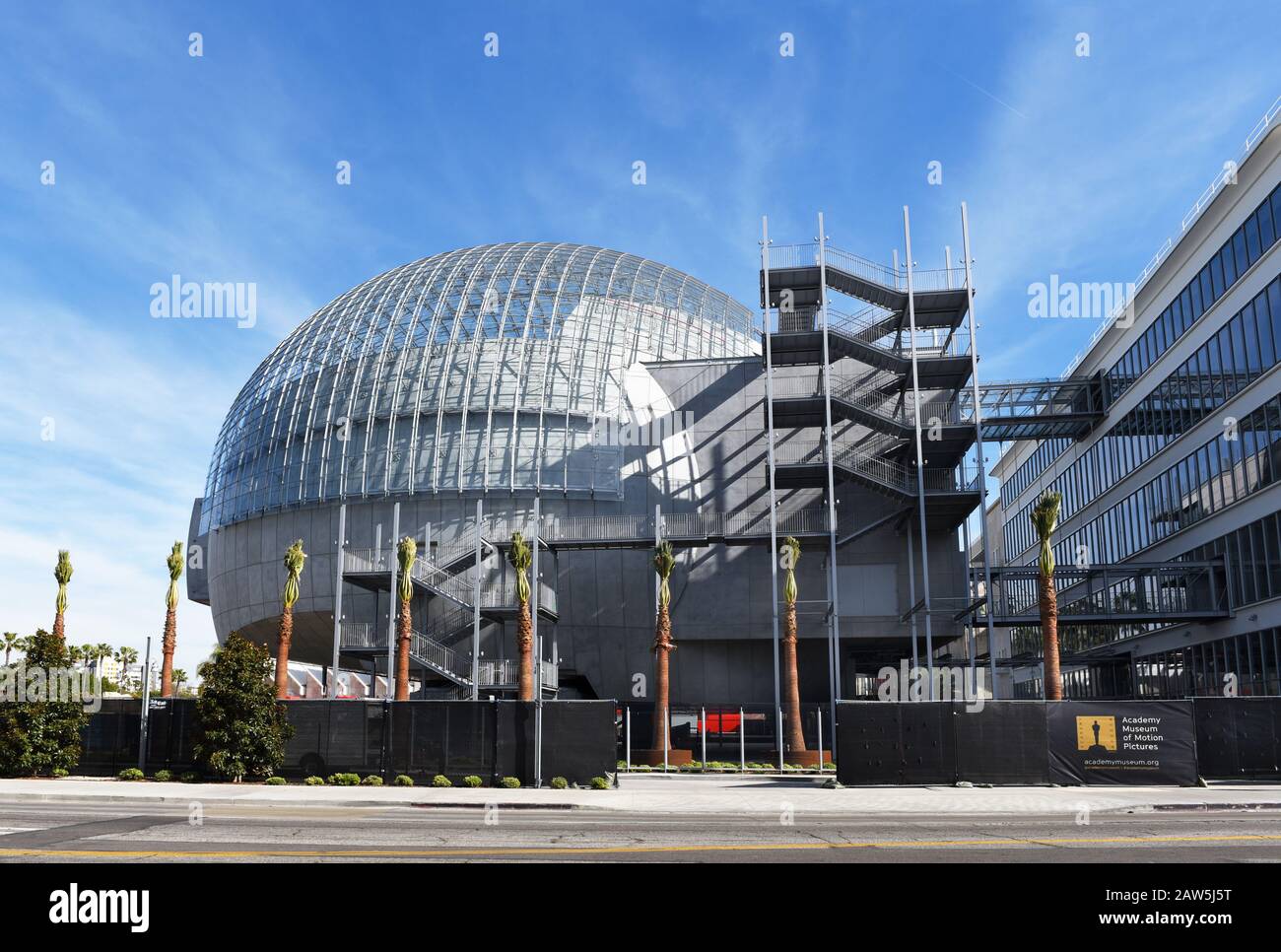 LOS ANGELES, CALIFORNIA - 05 FEB 2020: Construction at the Academy Museum of Motion Pictures at the intersection of Fairfax Avenue and Wilshire Boulev Stock Photo