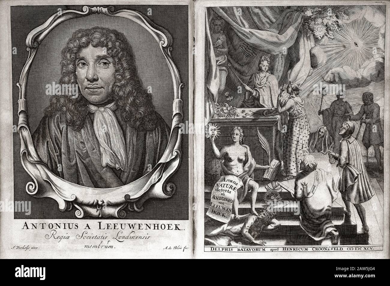 1695 ,  HOLLAND : The dutch tradesman , scientist and biologist inventor Antoni Van Leeuwenhoek ( 1632 –  1723 ). Portrait on frontespice of book ARCA Stock Photo