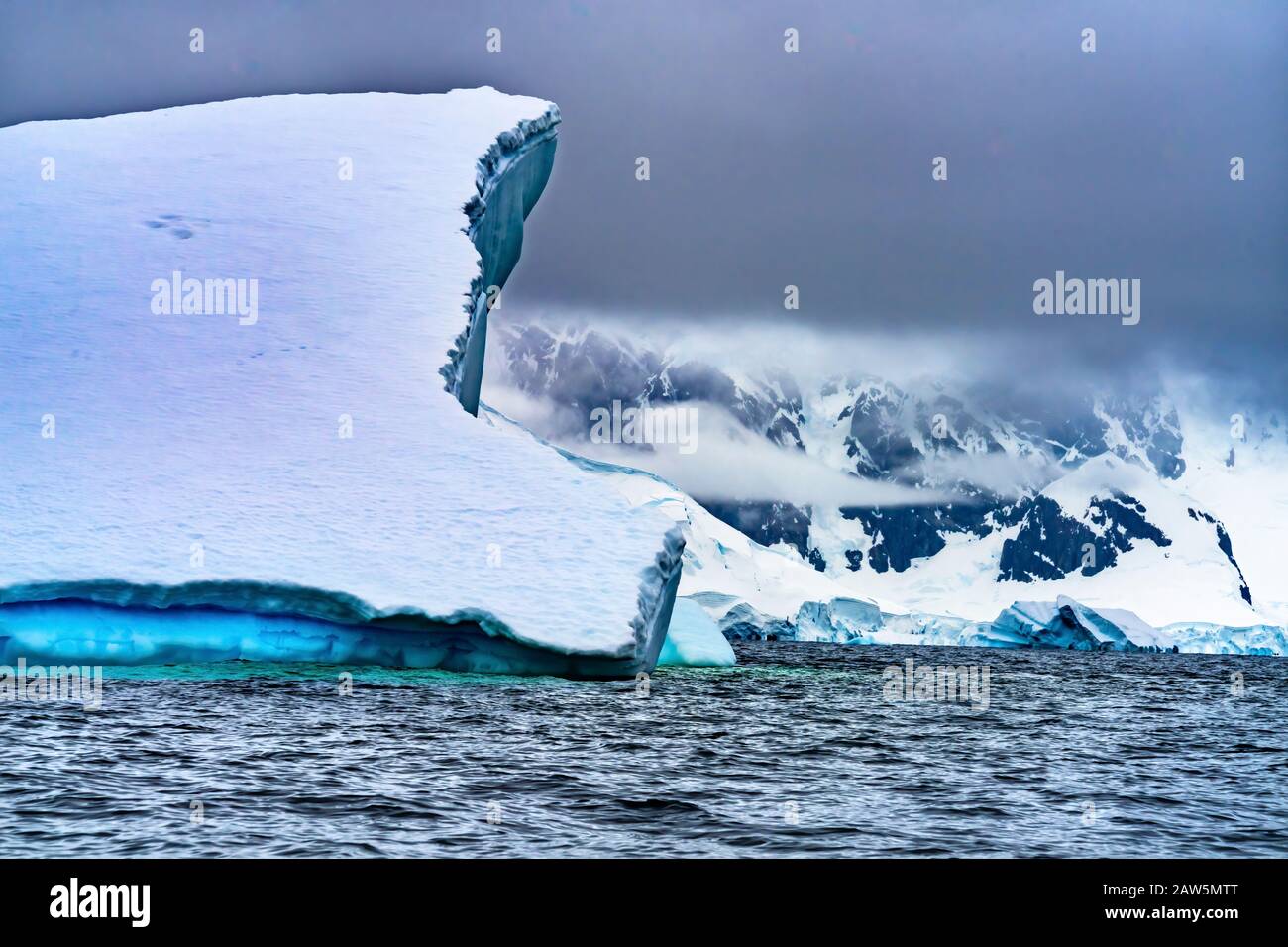 Floating Blue Iceberg Floating Sea Water Snow Mountains Glaciers Charlotte Bay Antarctic Peninsula Antarctica.  Glacier ice blue because air squeezed Stock Photo