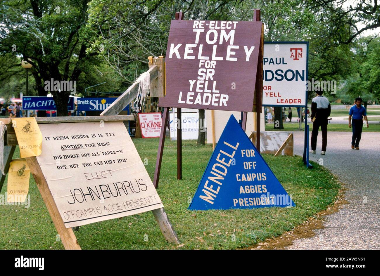College Station, Texas: Campaign signs on the campus of Texas A&M University for students running for various elected positions in student organizations.  ©Bob Daemmrich Stock Photo