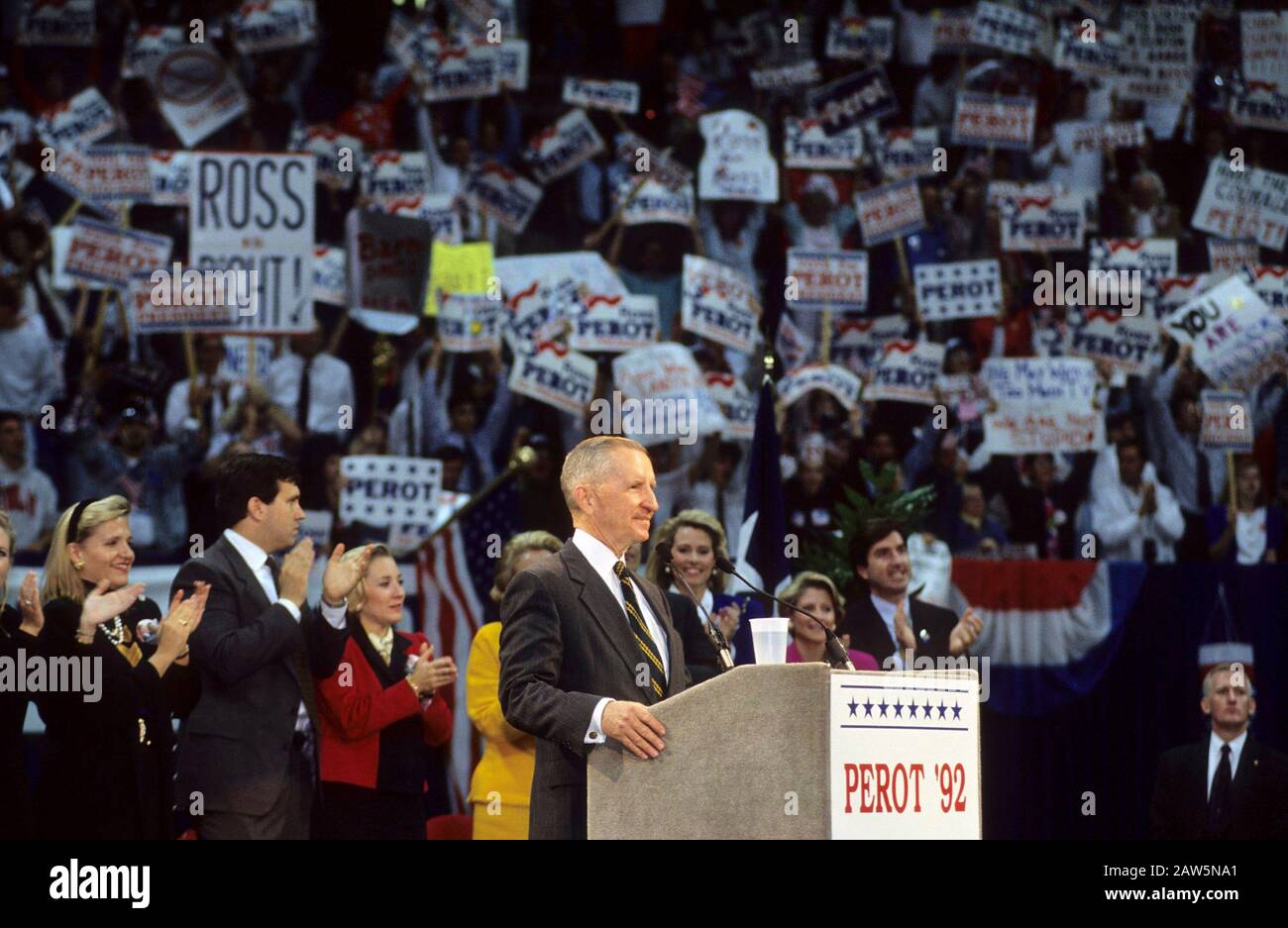 Dallas, Texas:  Technology billionaire and political neophyte Ross Perot, running for president as a third-party candidate in 1992 against Republican incumbent George Bush and Democrat Bill Clinton, at a campaign rally at Reunion Arena.  ©Bob Daemmrich Stock Photo