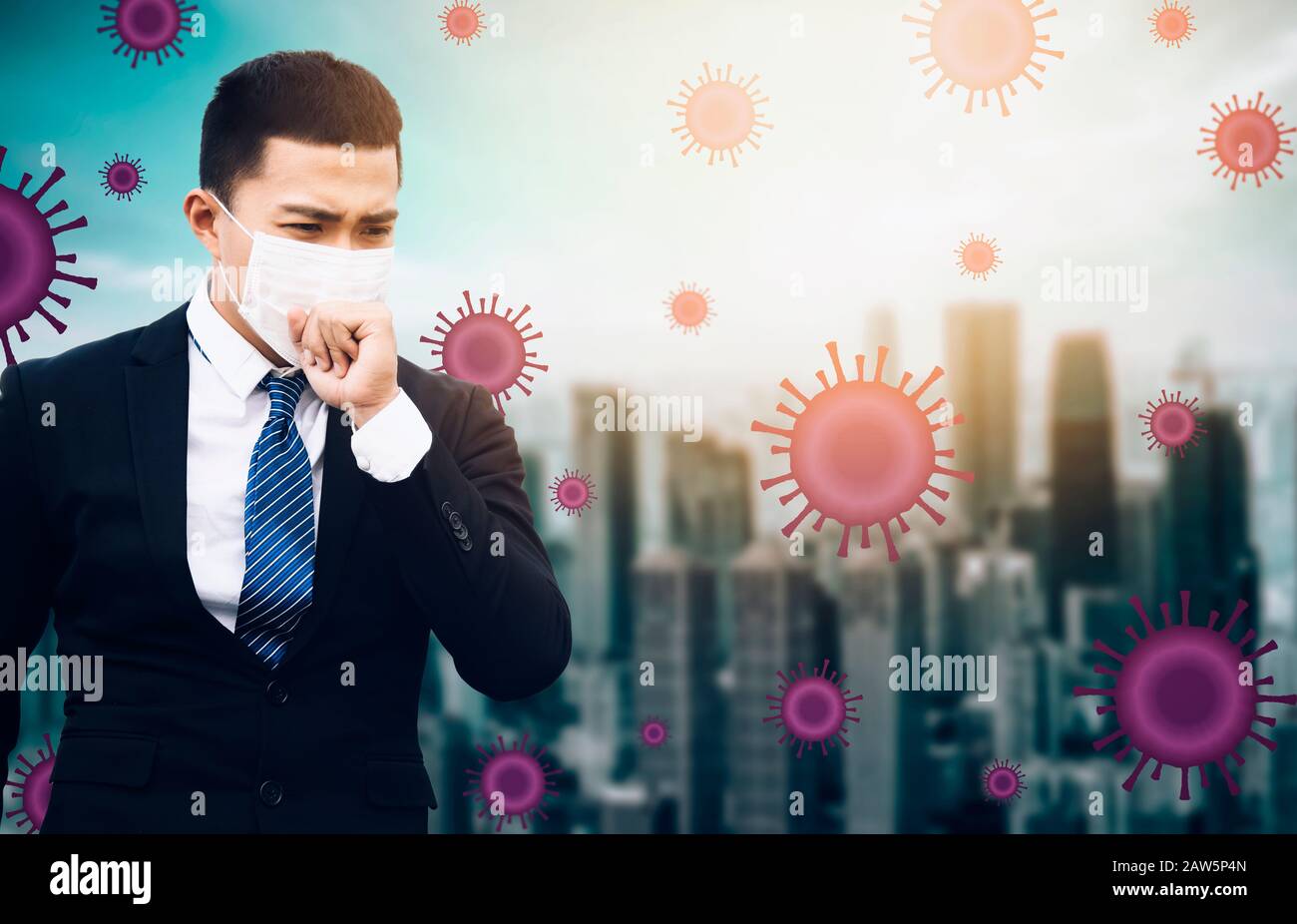 stressed business man wearing Protection Mask against flu virus  background Stock Photo
