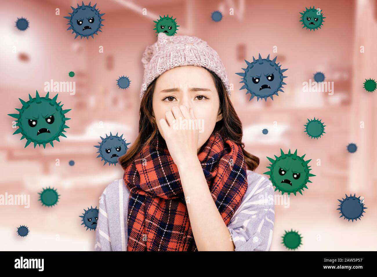 stressed girl wearing Protection Mask against flu virus  background Stock Photo