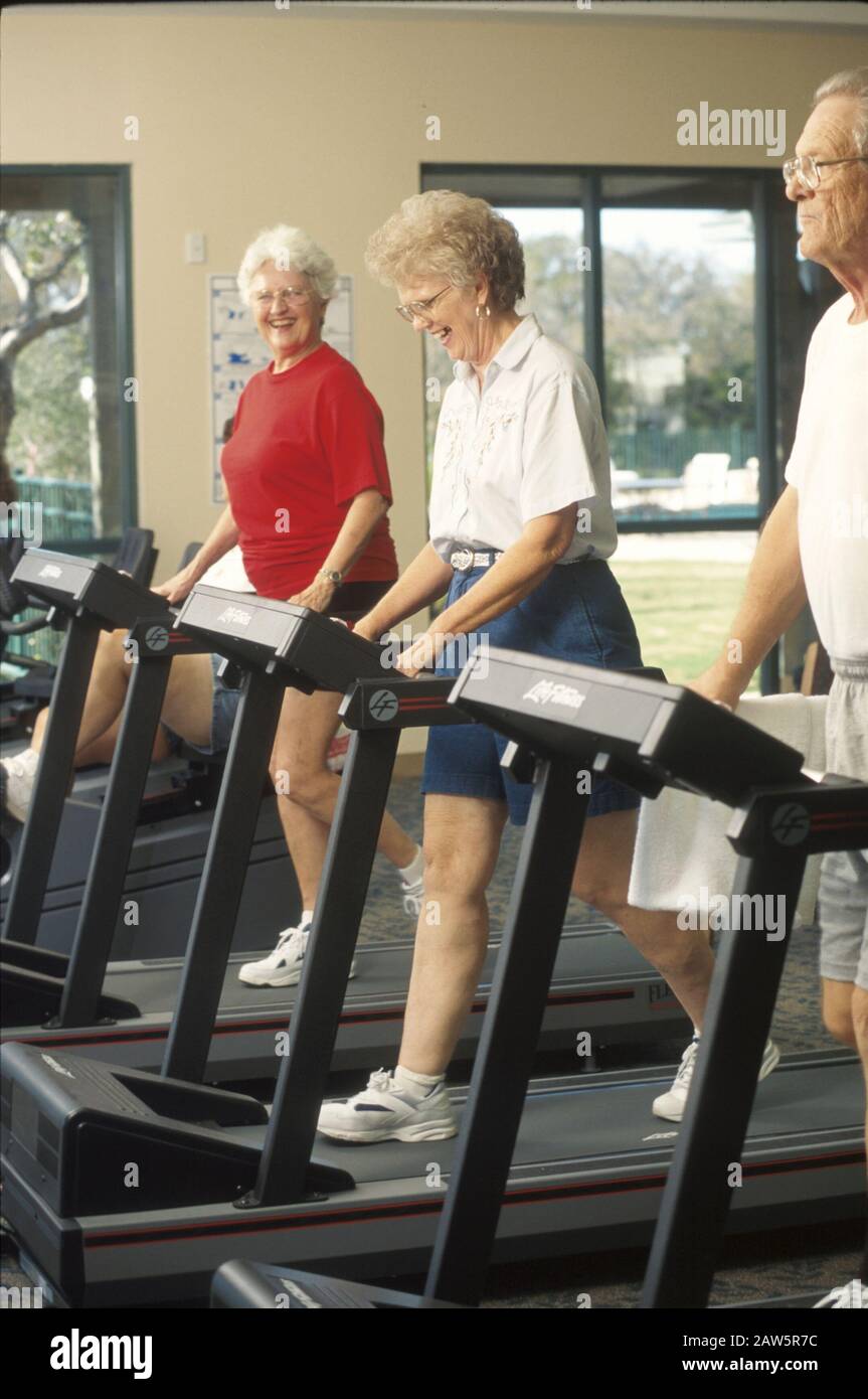 Seniors exercising in gym at Sun City Georgetown senior residential community. Stock Photo
