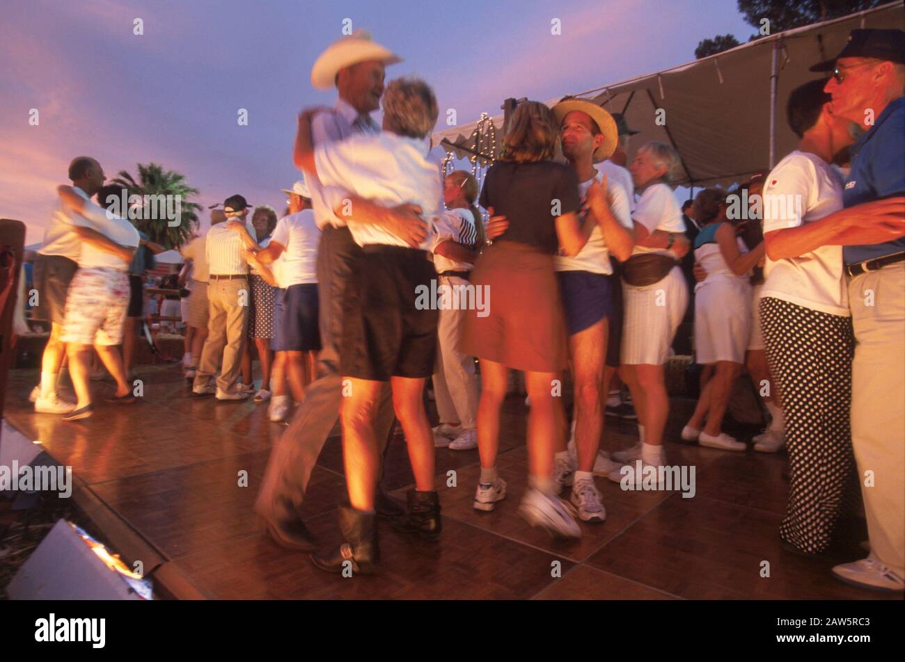 Senior Olympic participants dance at party for athletes in Tucson, Arizona. Stock Photo