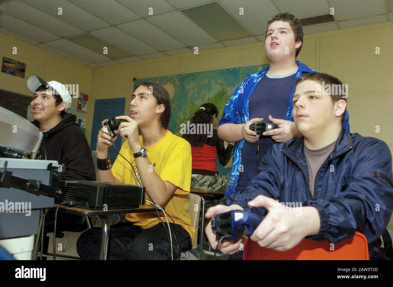 Teenage boys participate in an after-school computer gaming club at Travis High School in Austin, Texas. Stock Photo