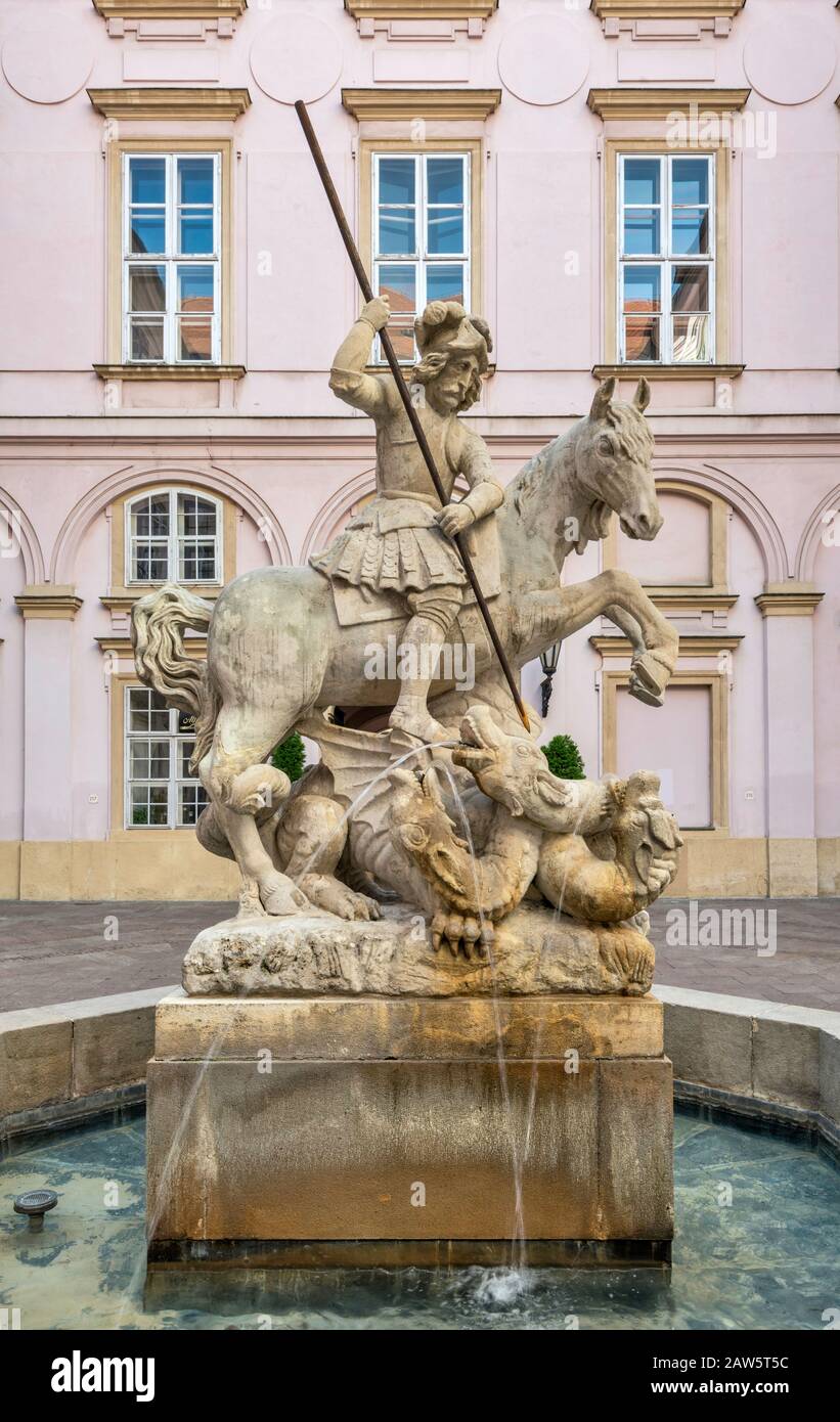 St George Slays the Dragon, statue at courtyard at Primate's Palace, Bratislava, Slovakia Stock Photo