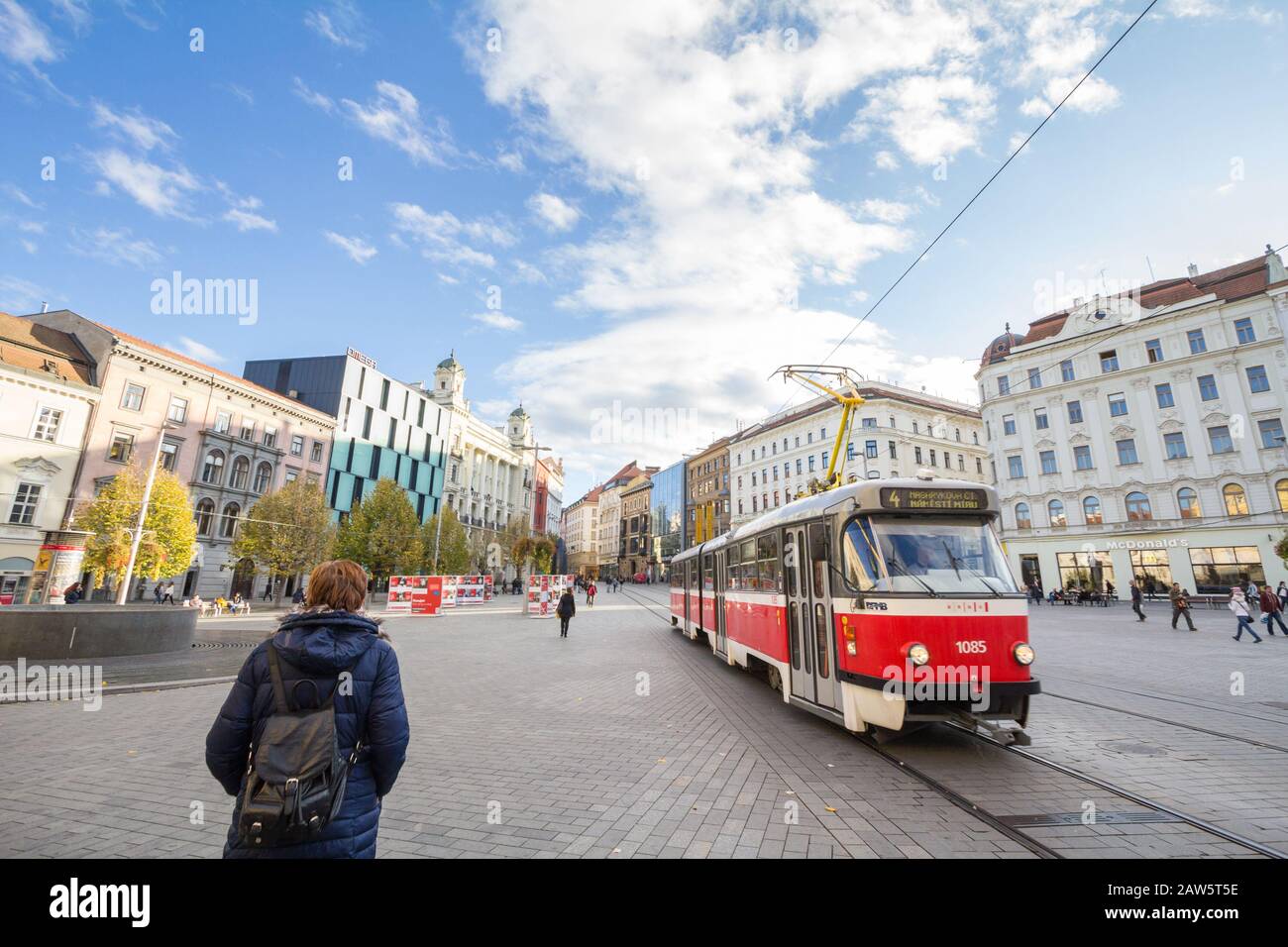 BRNO, CZECHIA - NOVEMBER 4, 2019: Tatra tram from the Brno public transportation passing by the namesti svobody square in the city center, it is a maj Stock Photo