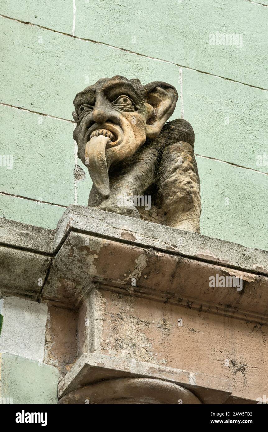 Mascaron, grotesque ornament carving, Michalska street, Old Town in Bratislava, Slovakia Stock Photo