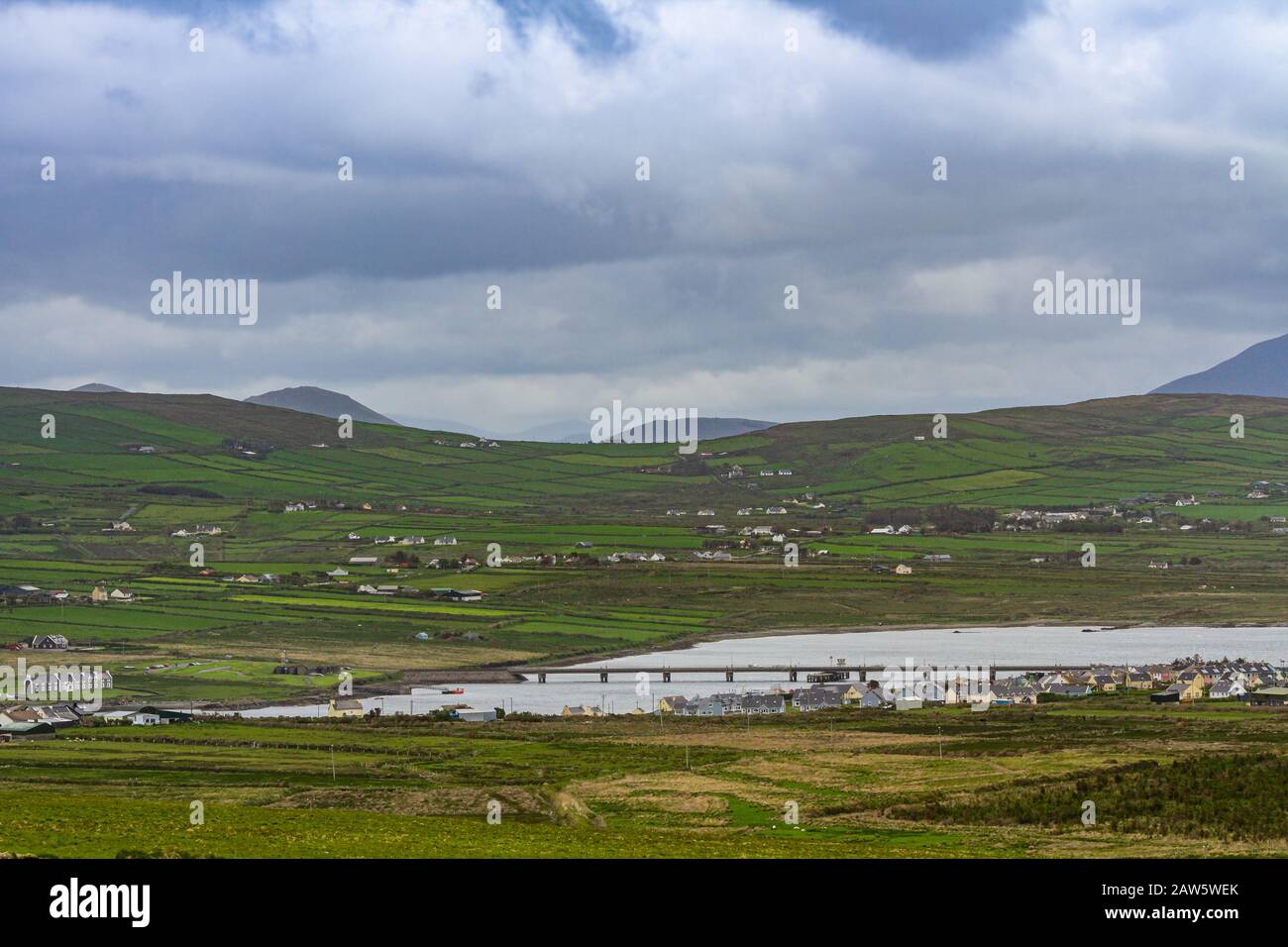 View to Portmagee, Iveragh peninsula, with bridge over Portmagee Channel to Valentia Island (in the background), County Kerry, Ireland, Europe Stock Photo