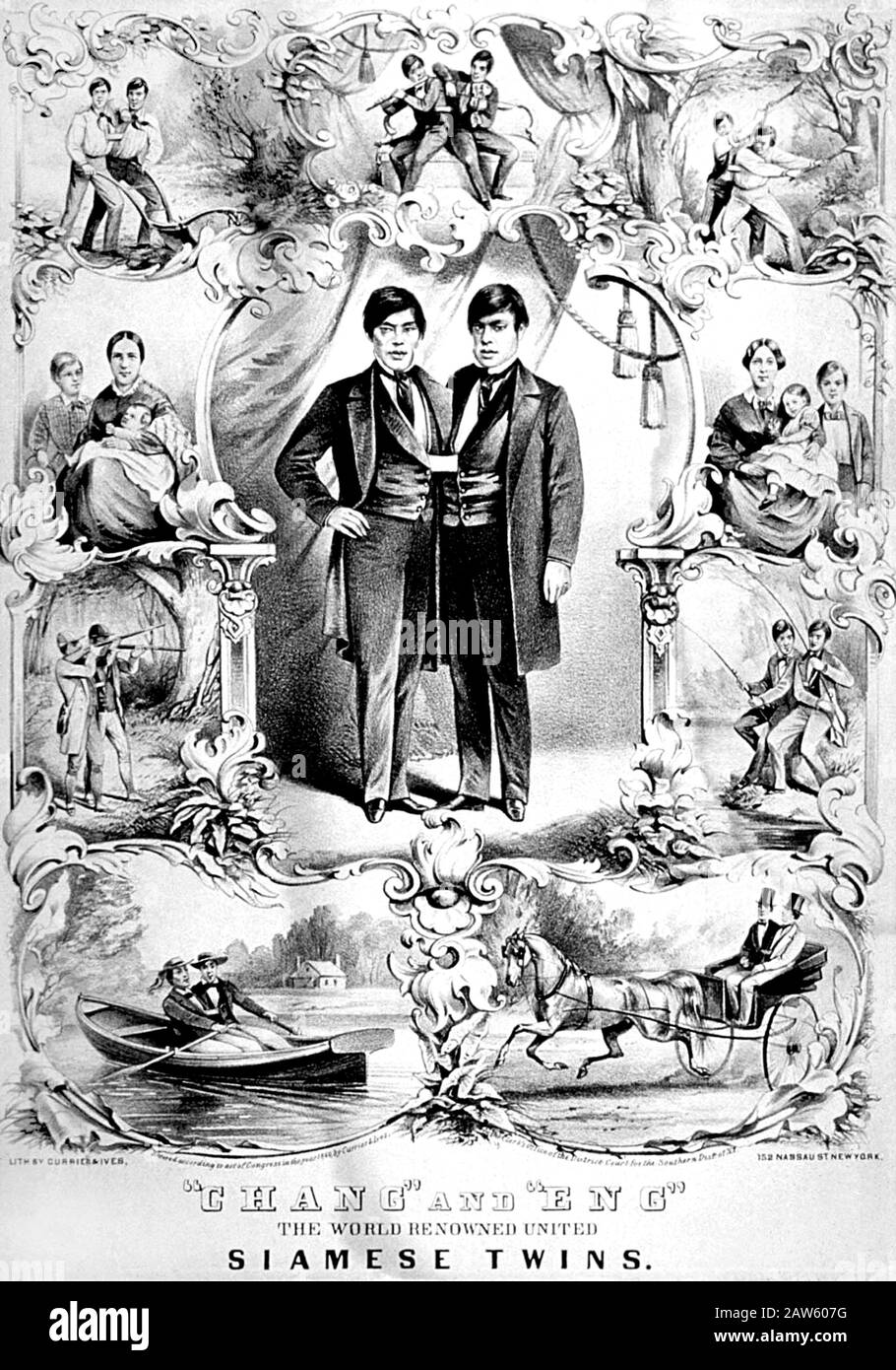 1853 ca , USA : The celebrated Thai-American born conjoined SIAMESE TWINS Chang and Eng BUNKER ( 1811 - 1874 ), poster for performances around the USA Stock Photo