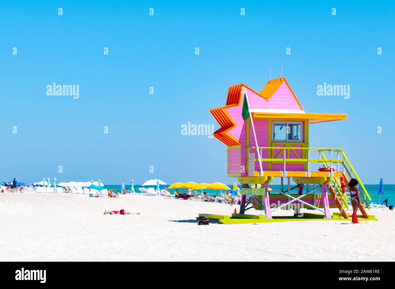 Miami Beach's iconic Art Deco life guard towers against a blue Florida sky. Stock Photo