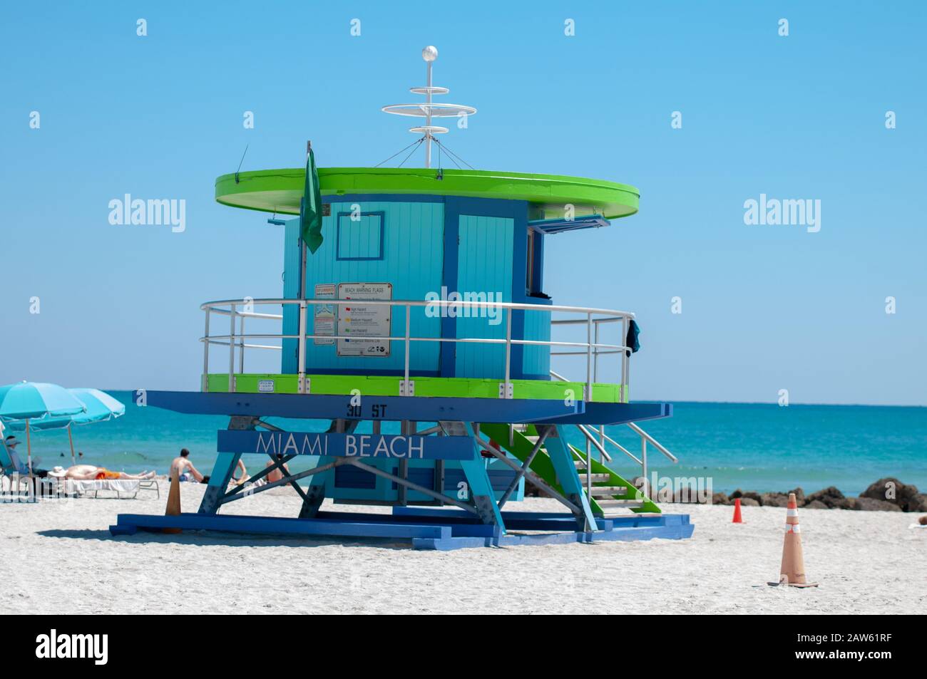 Miami Beach's iconic Art Deco life guard towers against a blue Florida sky. Stock Photo
