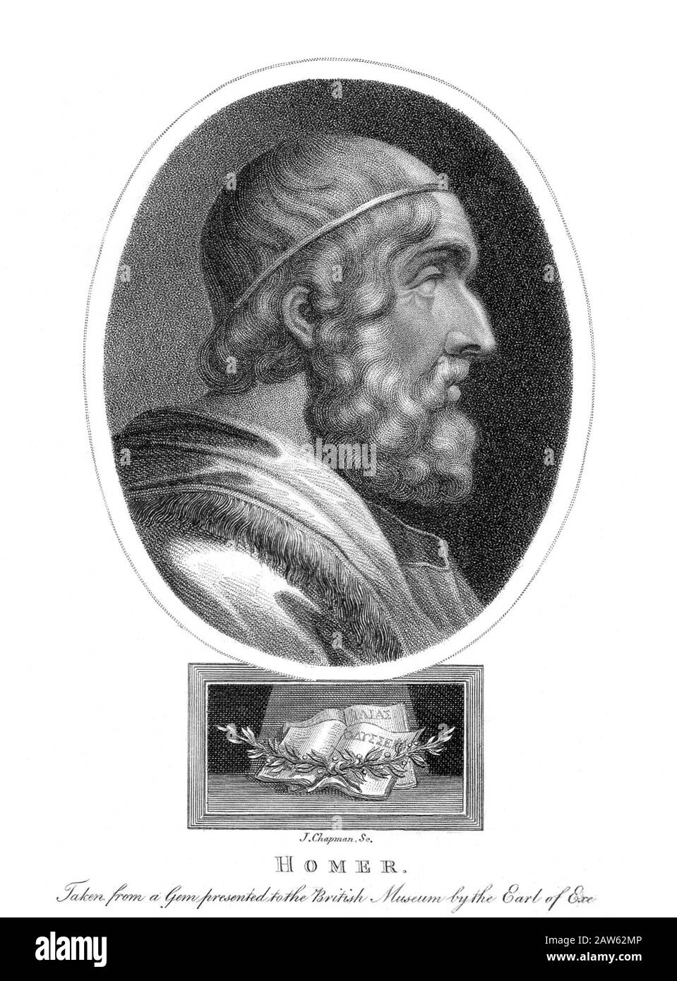 1809 , GREAT BRITAIN :  The ancient greek poet HOMER (  VIII century before Christ )  . Fantasy portrait illustration from an ancient gem presented at Stock Photo
