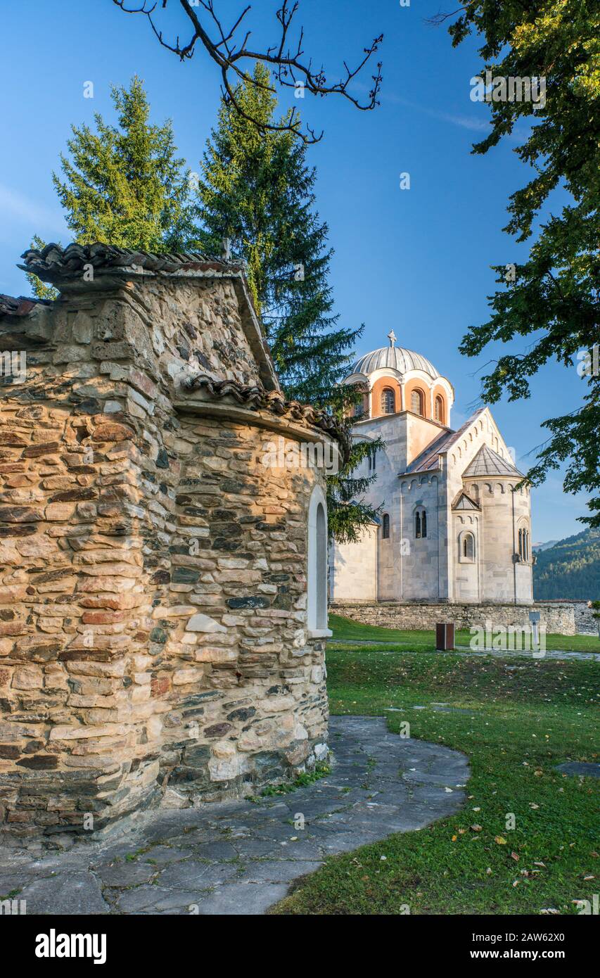 Church of St. Nicholas, 12th century, Church of the Virgin behind, at Studenica Monastery, UNESCO World Heritage Site, near Usce, Serbia Stock Photo