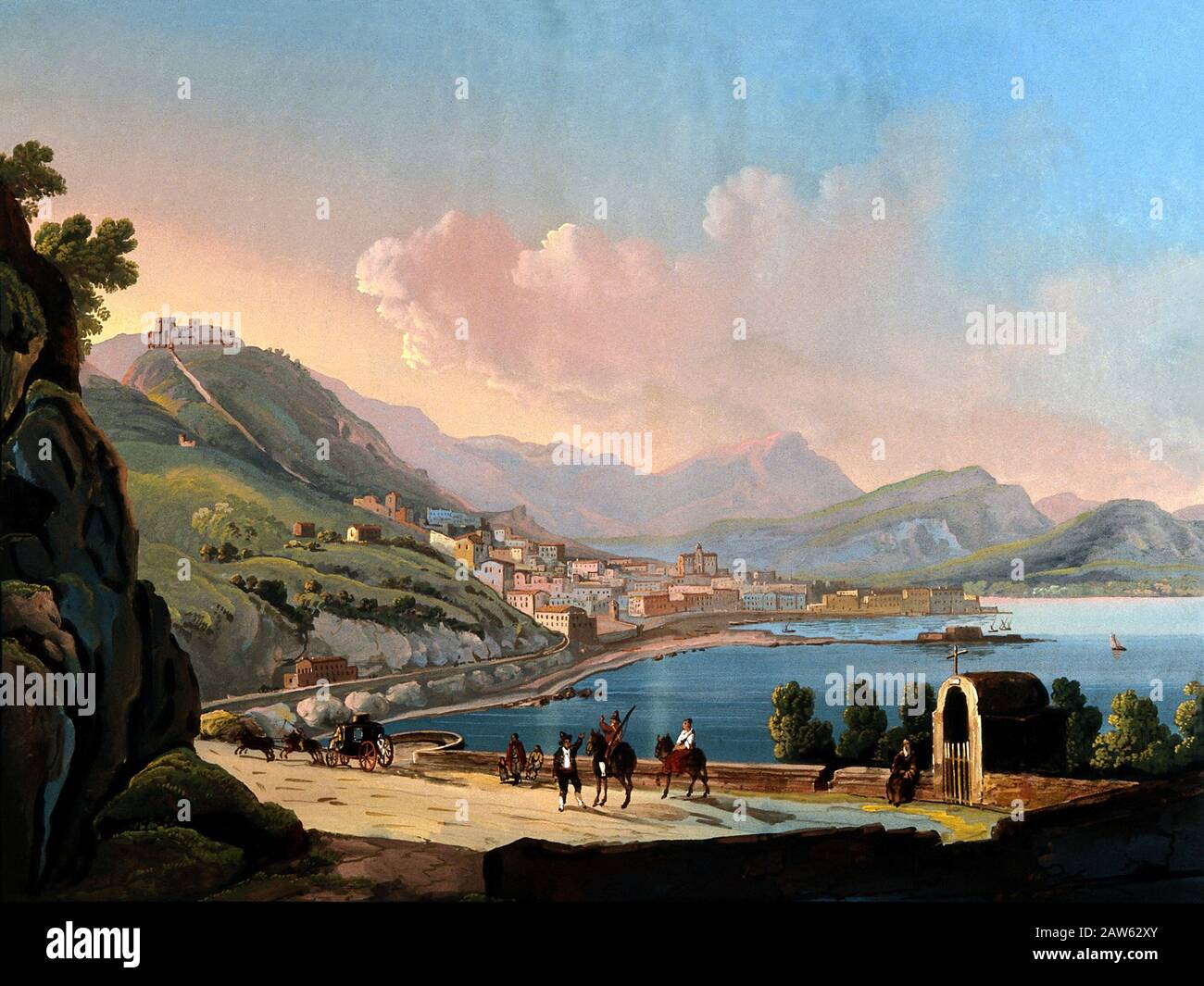 XIX Century , SALERNO , CAMPANIA   ITALY : View of SALERNO GOULF , Gouache painting . - GOLFO DI SALERNO  - NAPLES  -  ITALIA - FOTO STORICHE - HISTOR Stock Photo