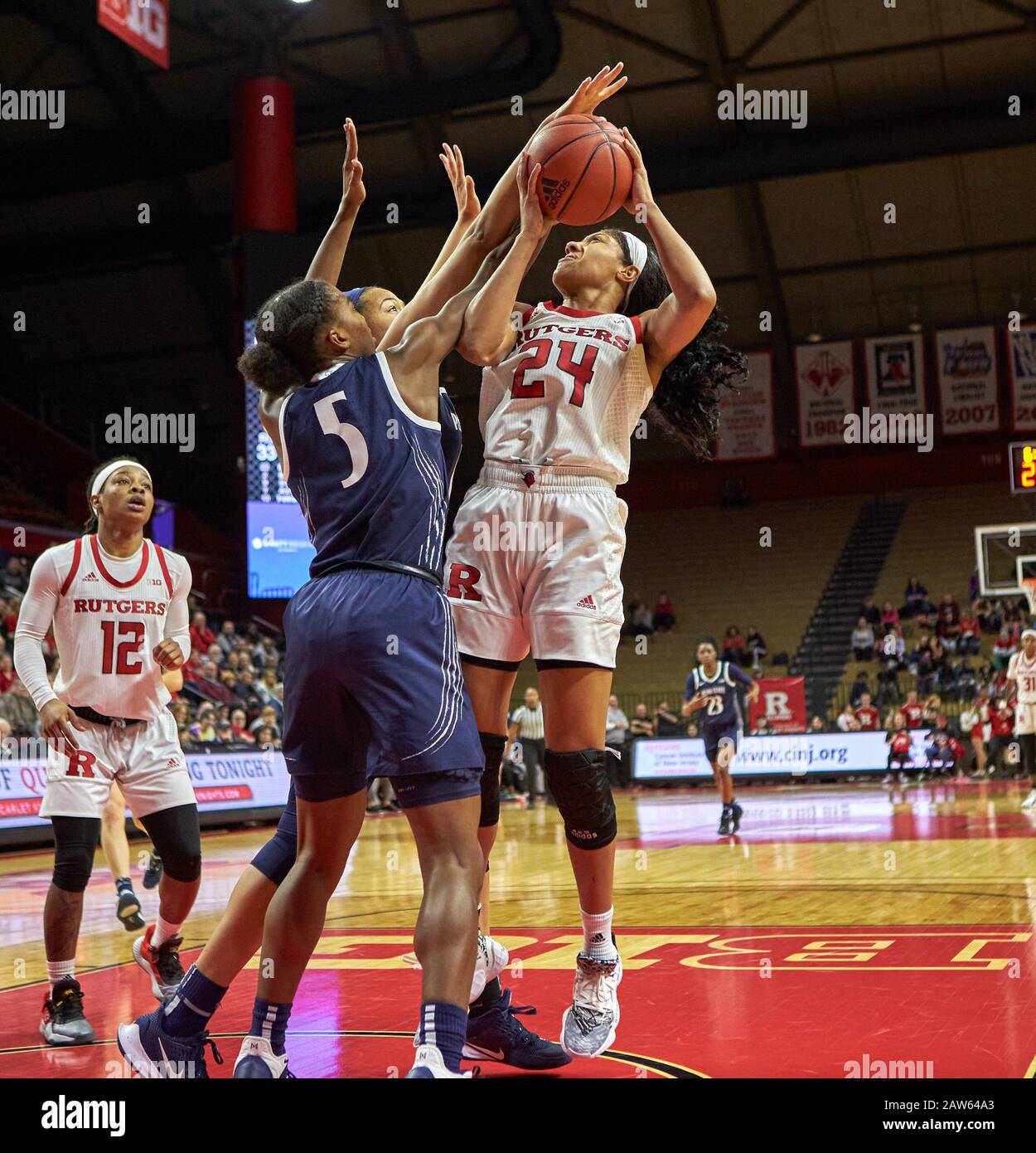 Piscataway, New Jersey, USA. 6th Feb, 2020. Rutgers Scarlet Knights guard Arella Guirantes (24) is fouled byPenn State Nittany Lions guard Kamaria McDaniel (5) in the second half during a game between the Penn State Nittany Lions and the Rutgers Scarlet Knights at Rutgers Athletic Center in Piscataway, New Jersey. Rutgers defeated Penn State 72-39. Duncan Williams/CSM/Alamy Live News Stock Photo