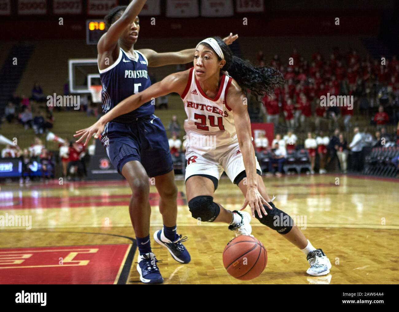 Piscataway, New Jersey, USA. 6th Feb, 2020. Rutgers Scarlet Knights guard Arella Guirantes (24) drives to the basket by Penn State Nittany Lions guard Kamaria McDaniel (5) in the second half during a game between the Penn State Nittany Lions and the Rutgers Scarlet Knights at Rutgers Athletic Center in Piscataway, New Jersey. Rutgers defeated Penn State 72-39. Duncan Williams/CSM/Alamy Live News Stock Photo