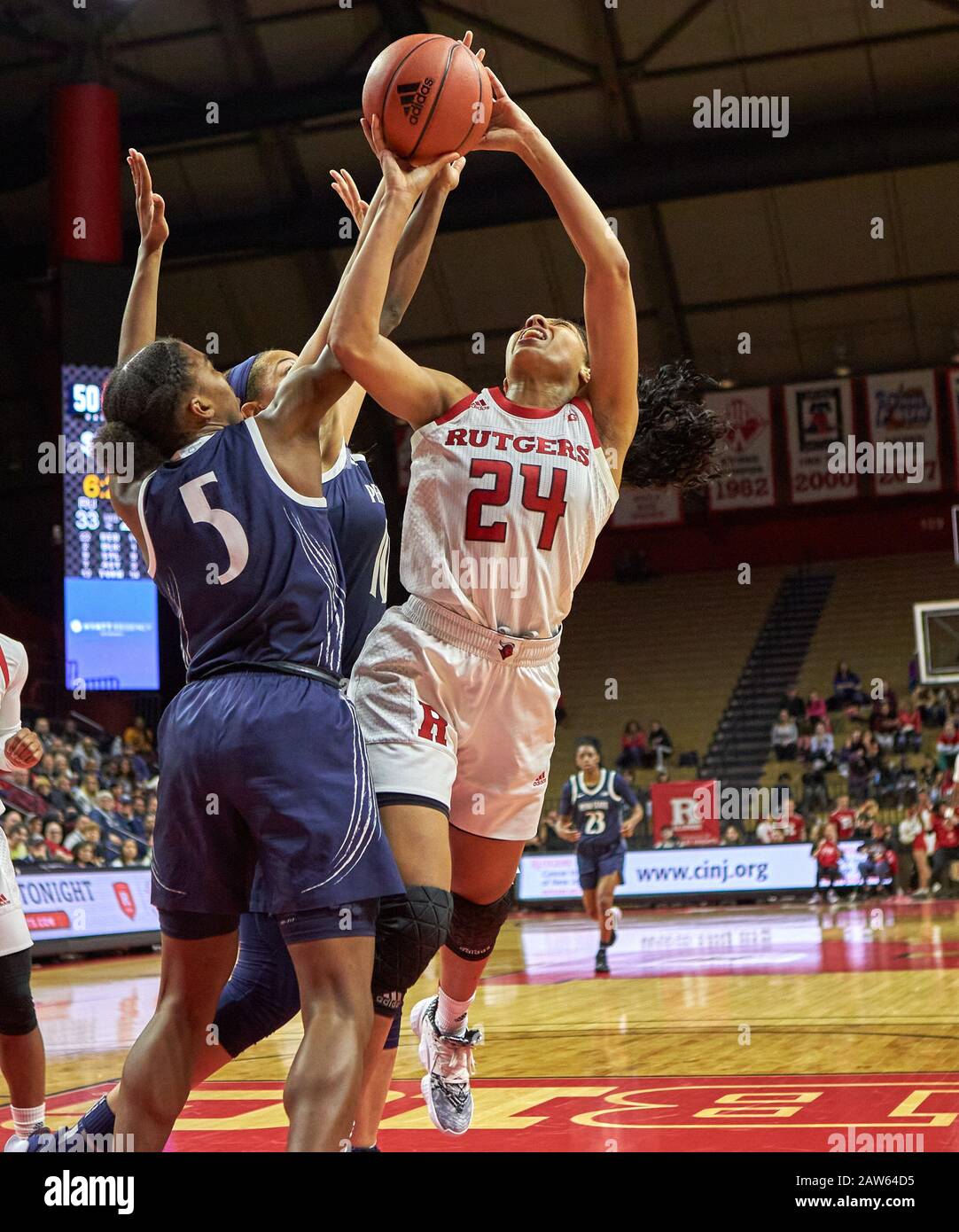 Piscataway, New Jersey, USA. 6th Feb, 2020. Rutgers Scarlet Knights guard Arella Guirantes (24) is fouled byPenn State Nittany Lions guard Kamaria McDaniel (5) in the second half during a game between the Penn State Nittany Lions and the Rutgers Scarlet Knights at Rutgers Athletic Center in Piscataway, New Jersey. Rutgers defeated Penn State 72-39. Duncan Williams/CSM/Alamy Live News Stock Photo