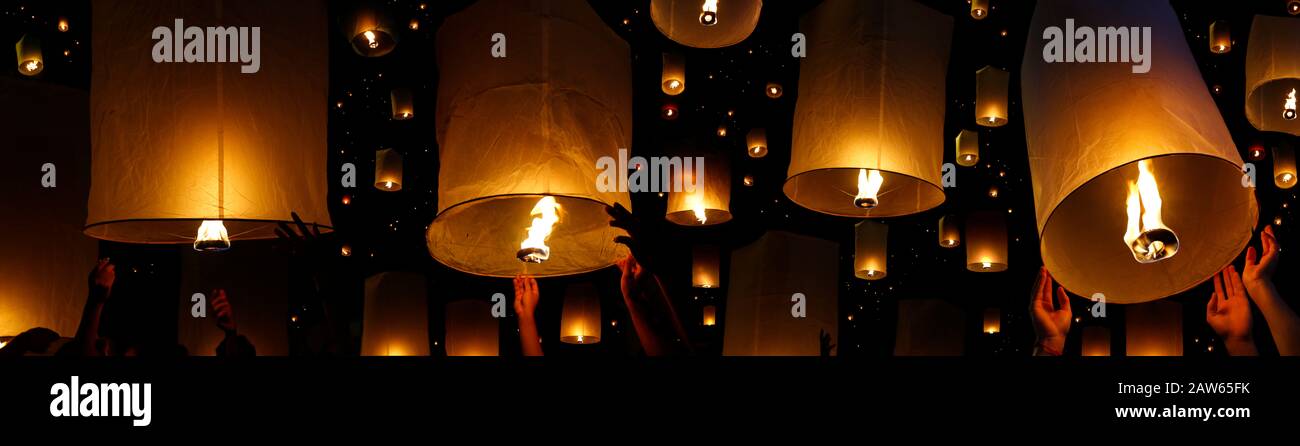 flying candle during Loy krathong festival in chiang mai , Thailand Stock Photo