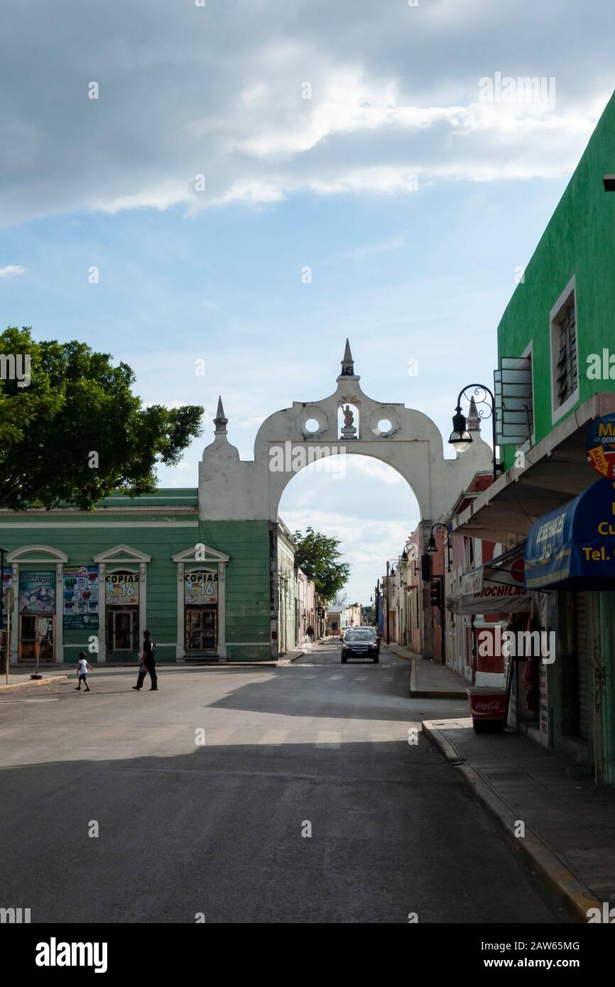 Spanish stone gates mark the center of town in Merida, Mexico. Historically these gates showed
