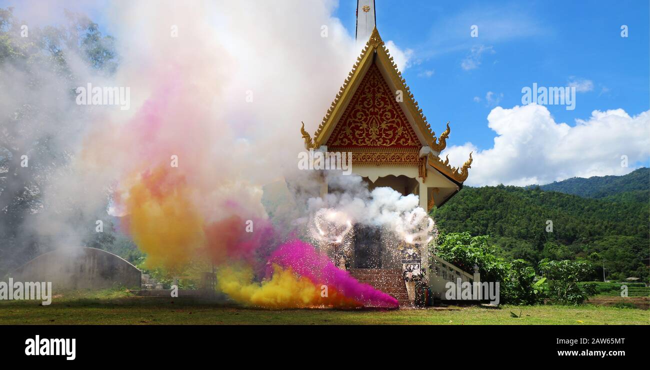 fireworks during buddhist cremation Stock Photo