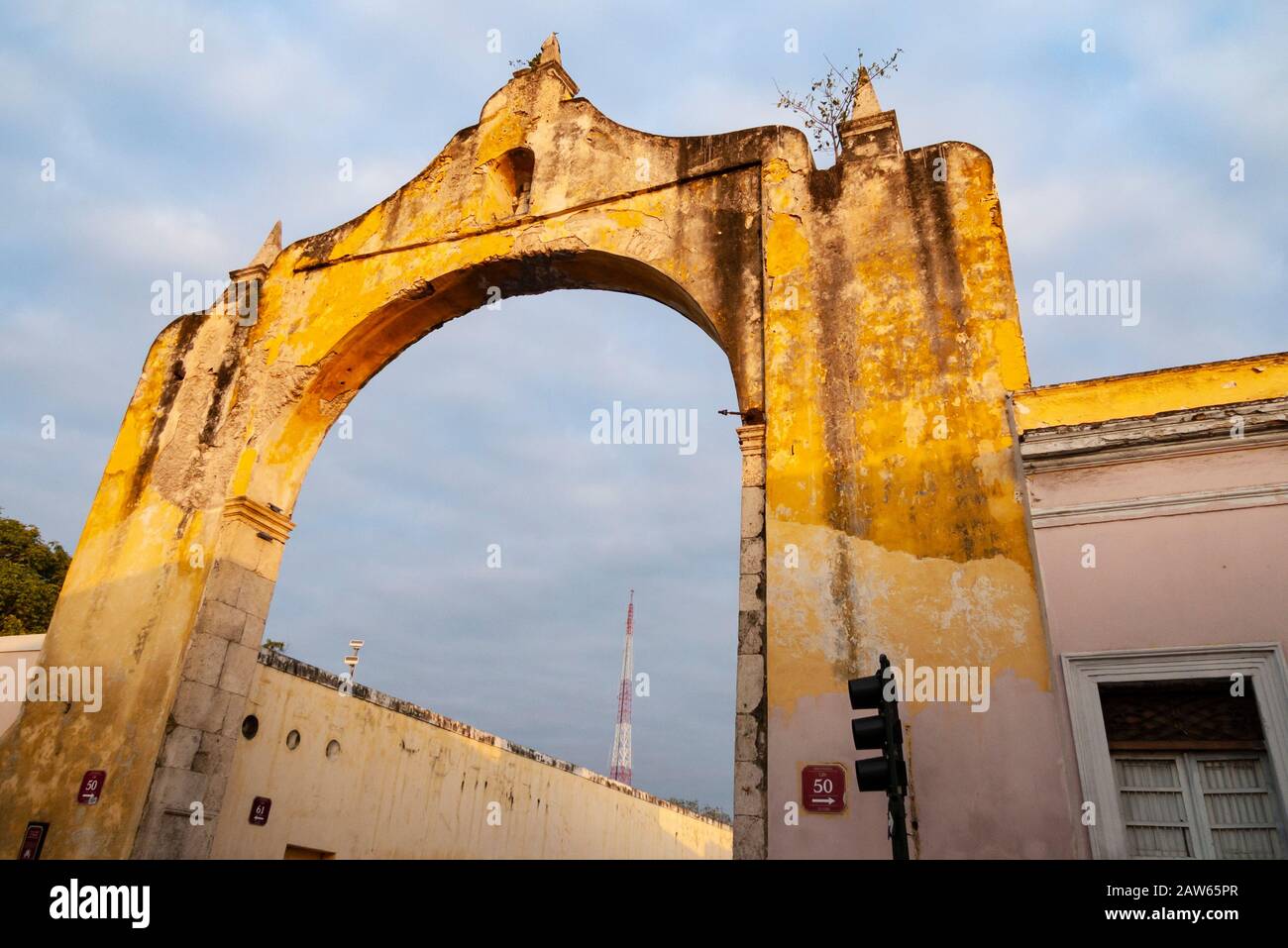 Spanish stone gates mark the center of town in Merida, Mexico. Historically these gates showed