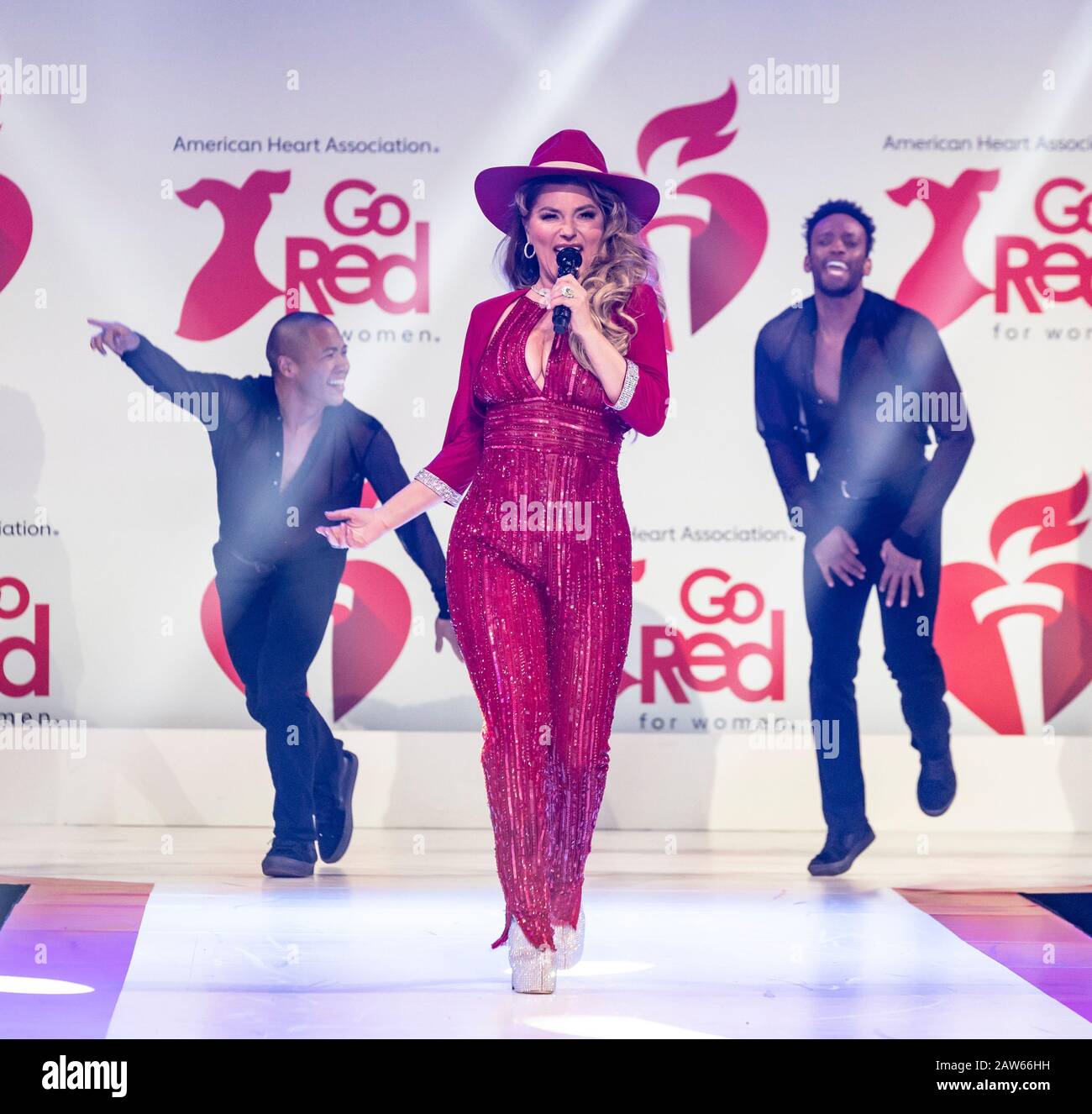 New York, NY - February 5, 2020: Shania Twain wearing dress by Naeem