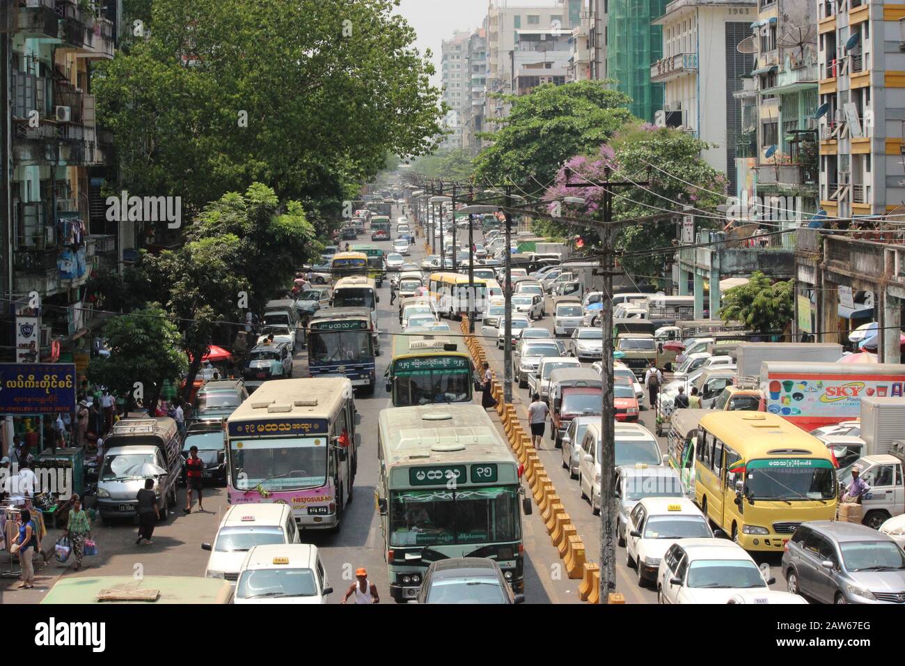 Traffics in the downtown of Yangon Stock Photo