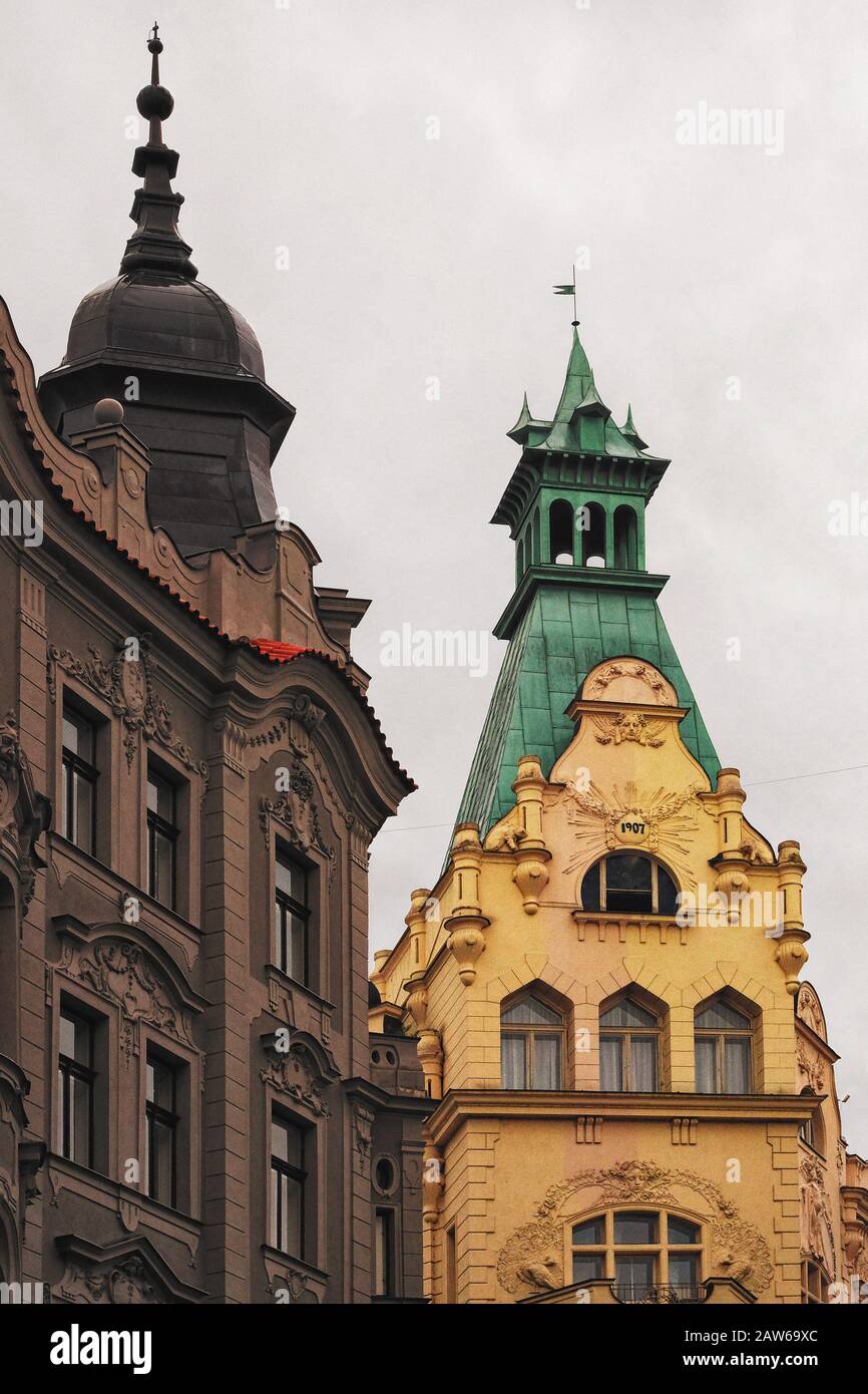 Spires and cupolas of Czech art nouveau residential architecture and