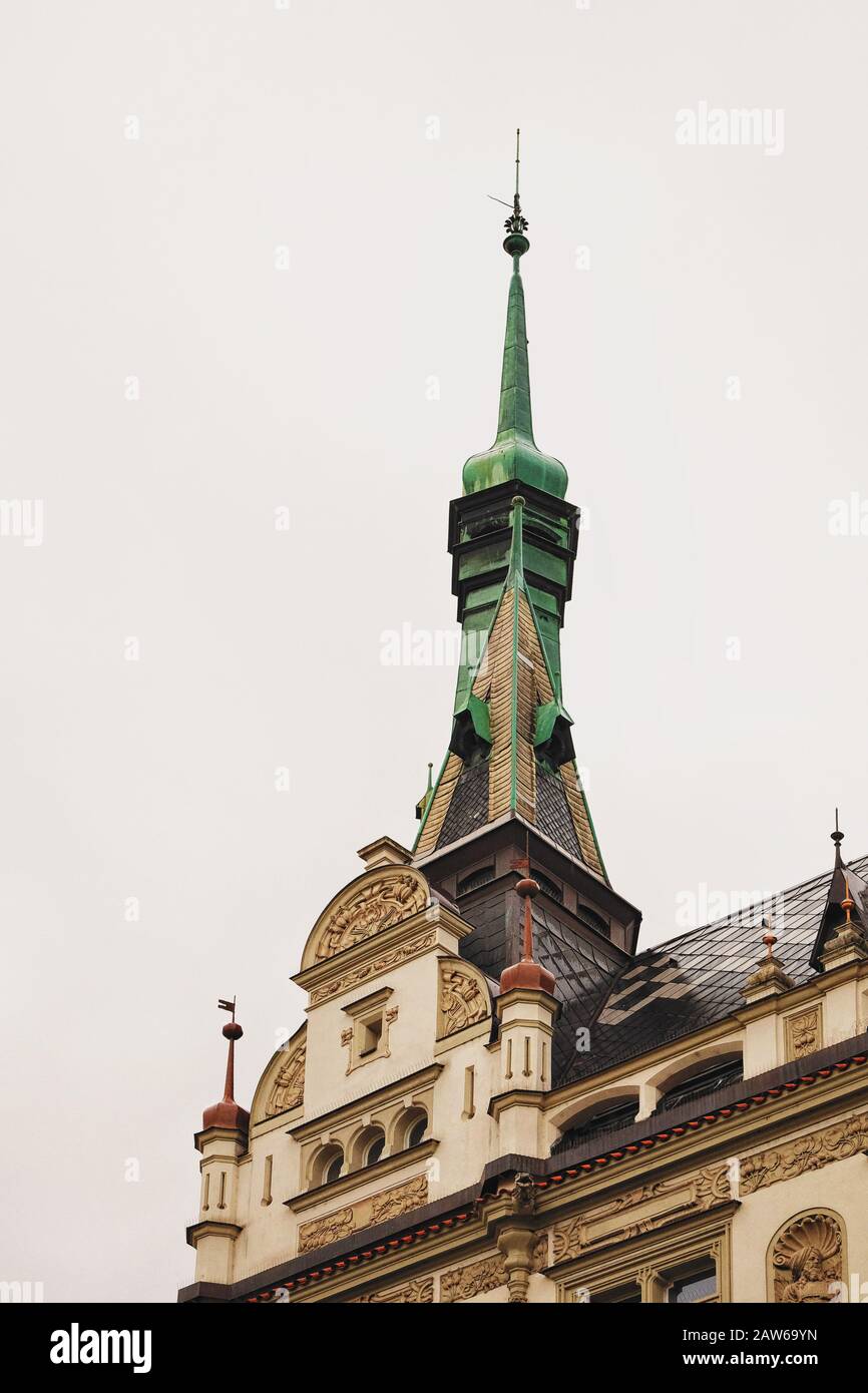 Spires and cupolas of Czech art nouveau residential architecture and