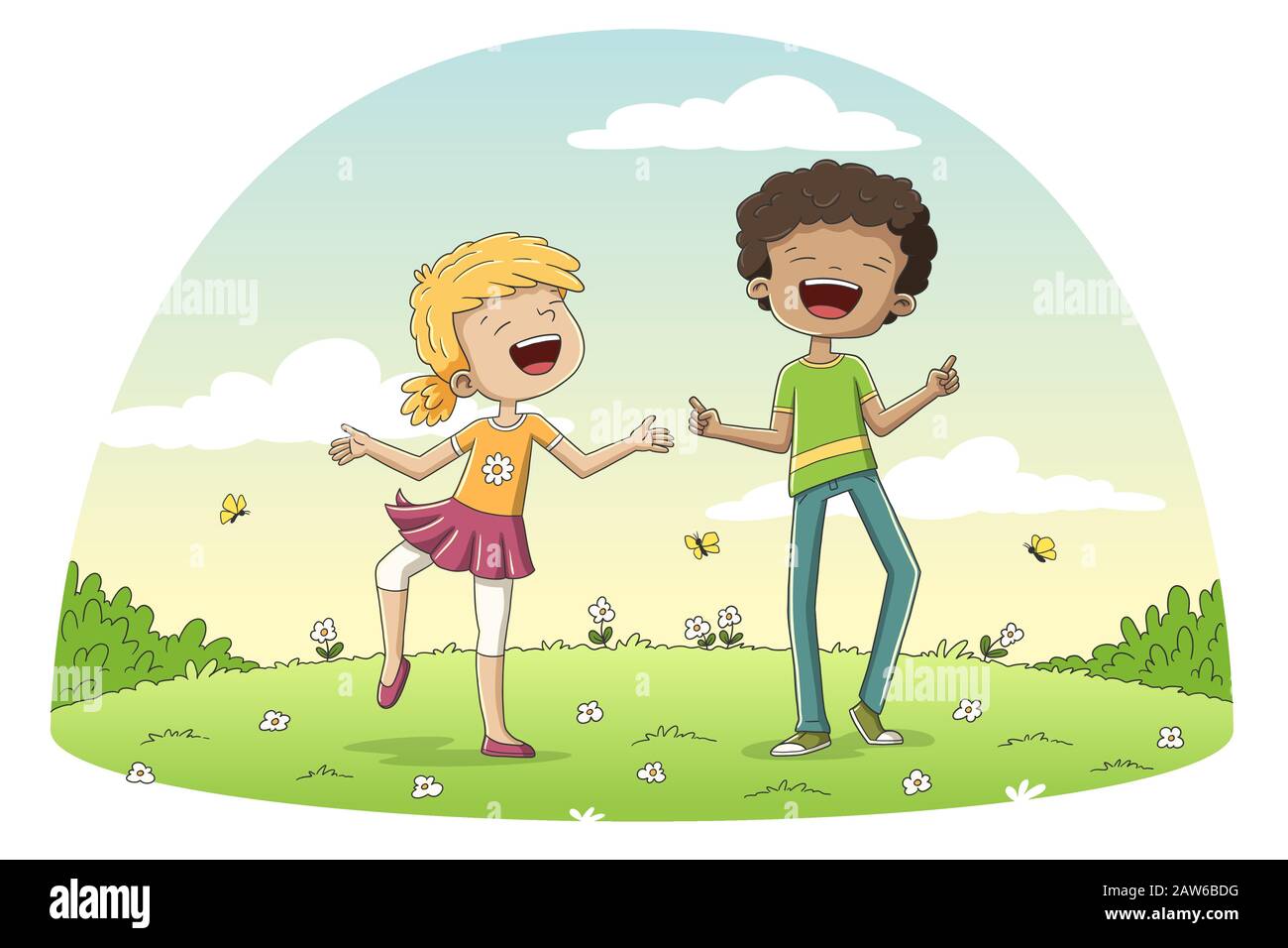 Two habby children on a meadow. Hand drawn vector illustration with separate layers. Stock Vector