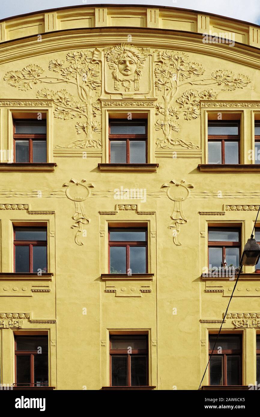 Windows and art nouveau facade on Újezd the main street between the river and Petřínské sady, Malá Strana, Prague. Stock Photo