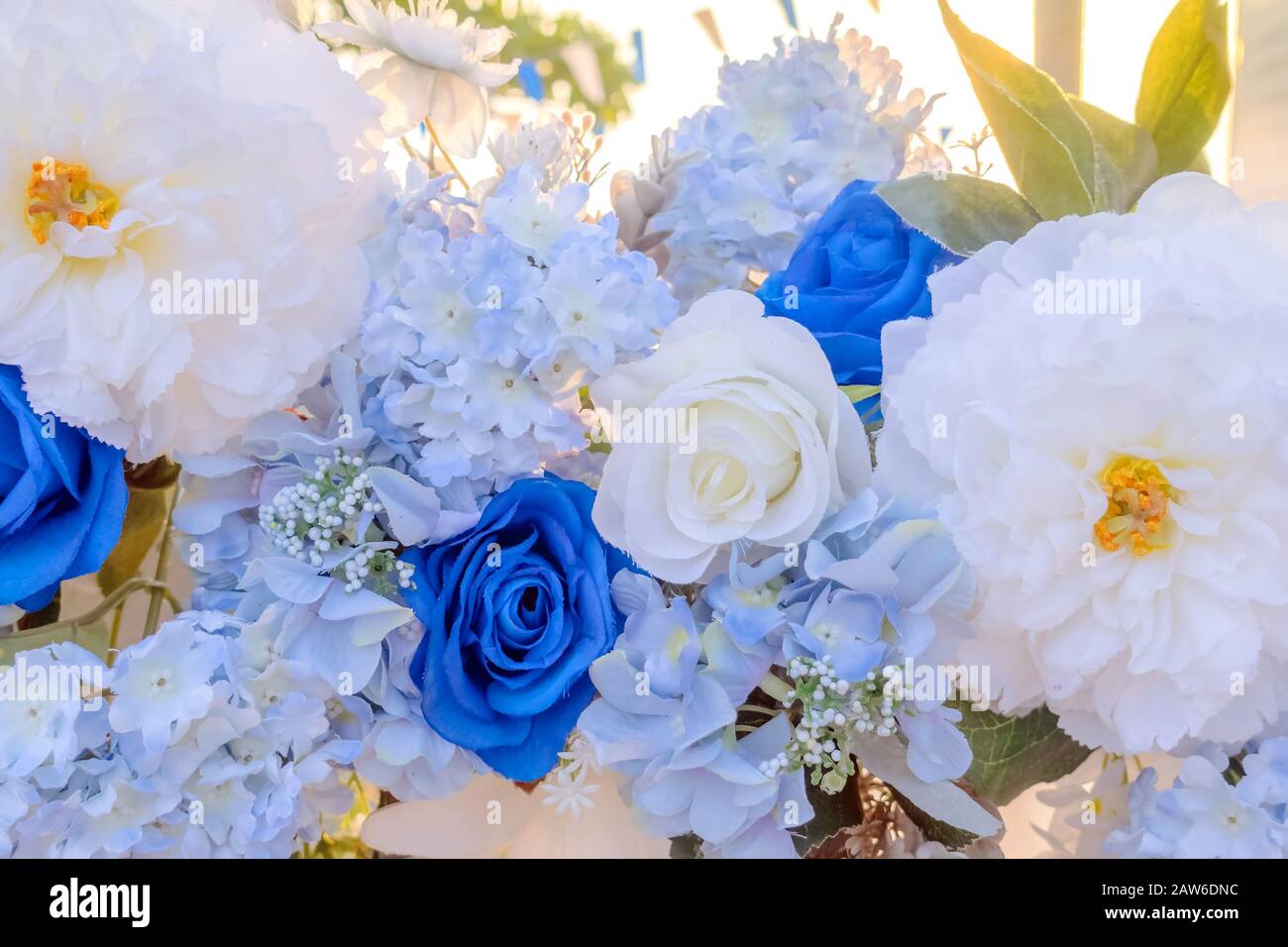 Artificial Blue And White Flowers Decorate The Arch As The Backdrop In The Wedding Ceremony Flowers Background Selective Focus Stock Photo Alamy