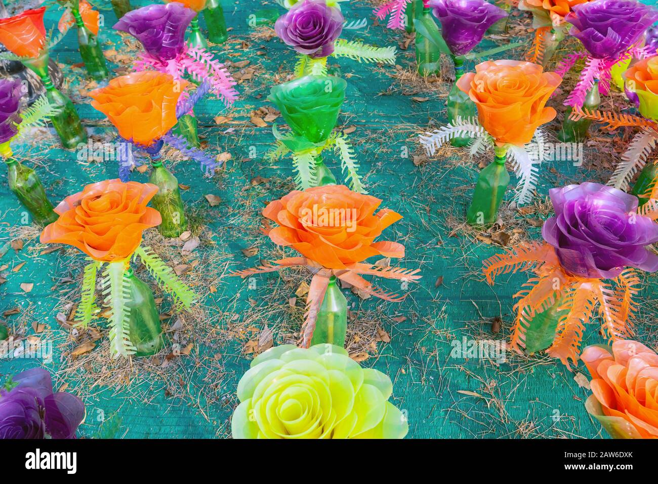 Recycled colorful plastic flowers made from plastic bottles to decorate