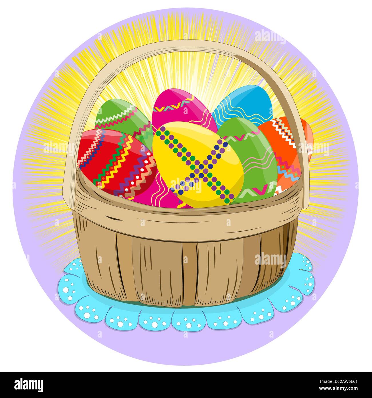Easter colored eggs .Basket of eggs . Beautiful Easter card. Illustration. Stock Photo