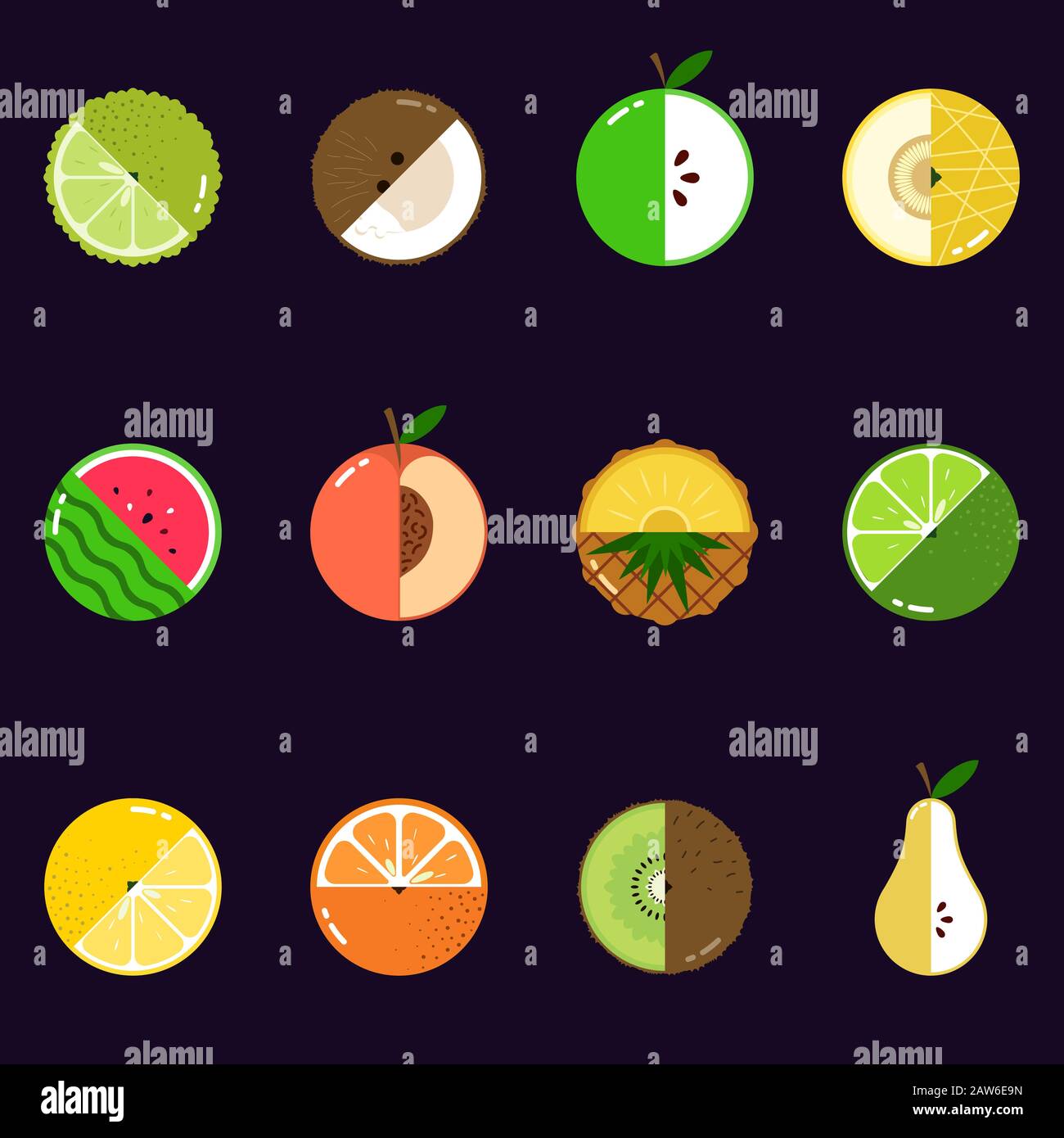 Fruits diversely ally oriented seamless vector pattern on dark background Stock Vector