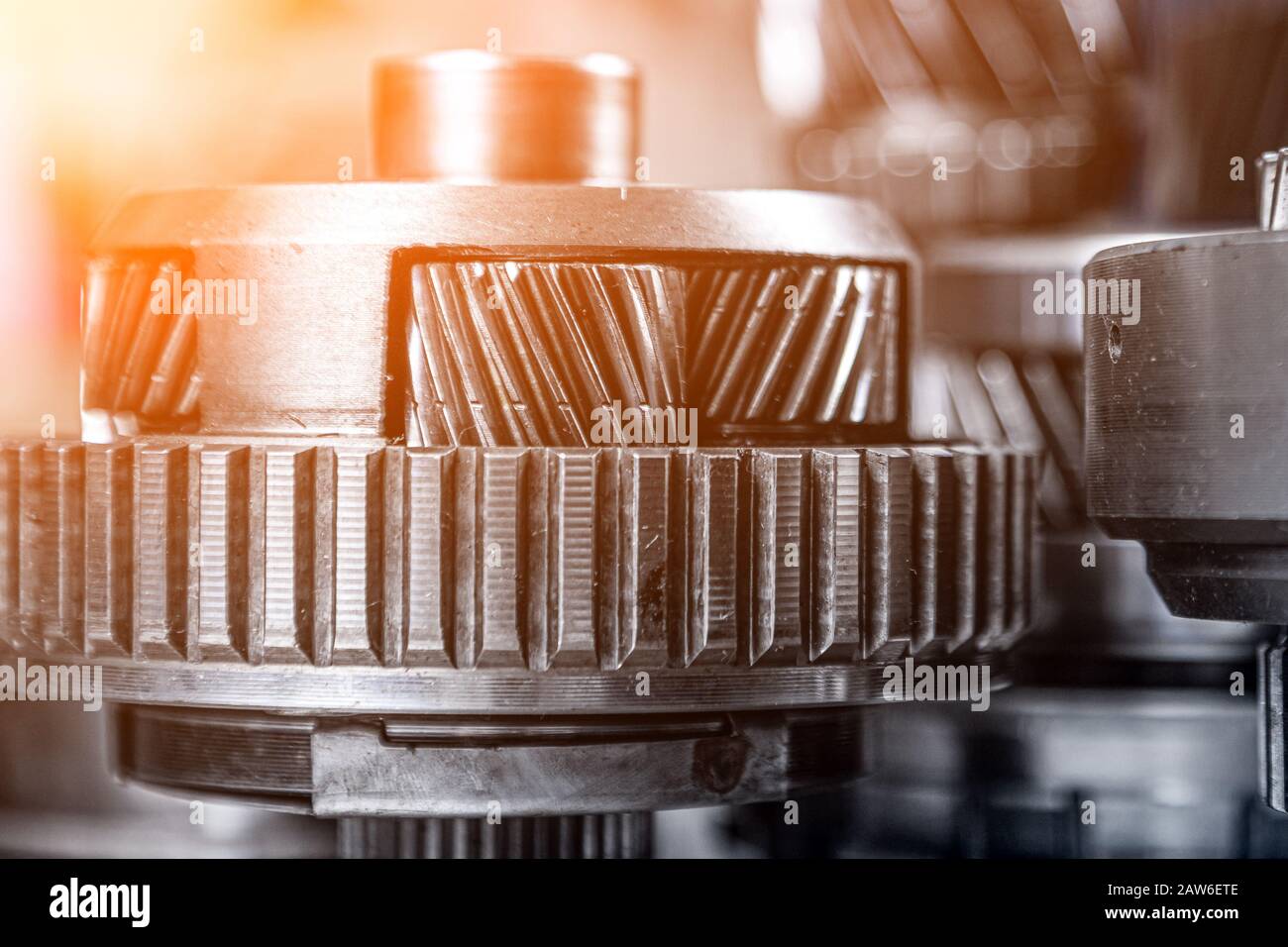 Set of various engine and gearbox spare parts. Shiny gears for