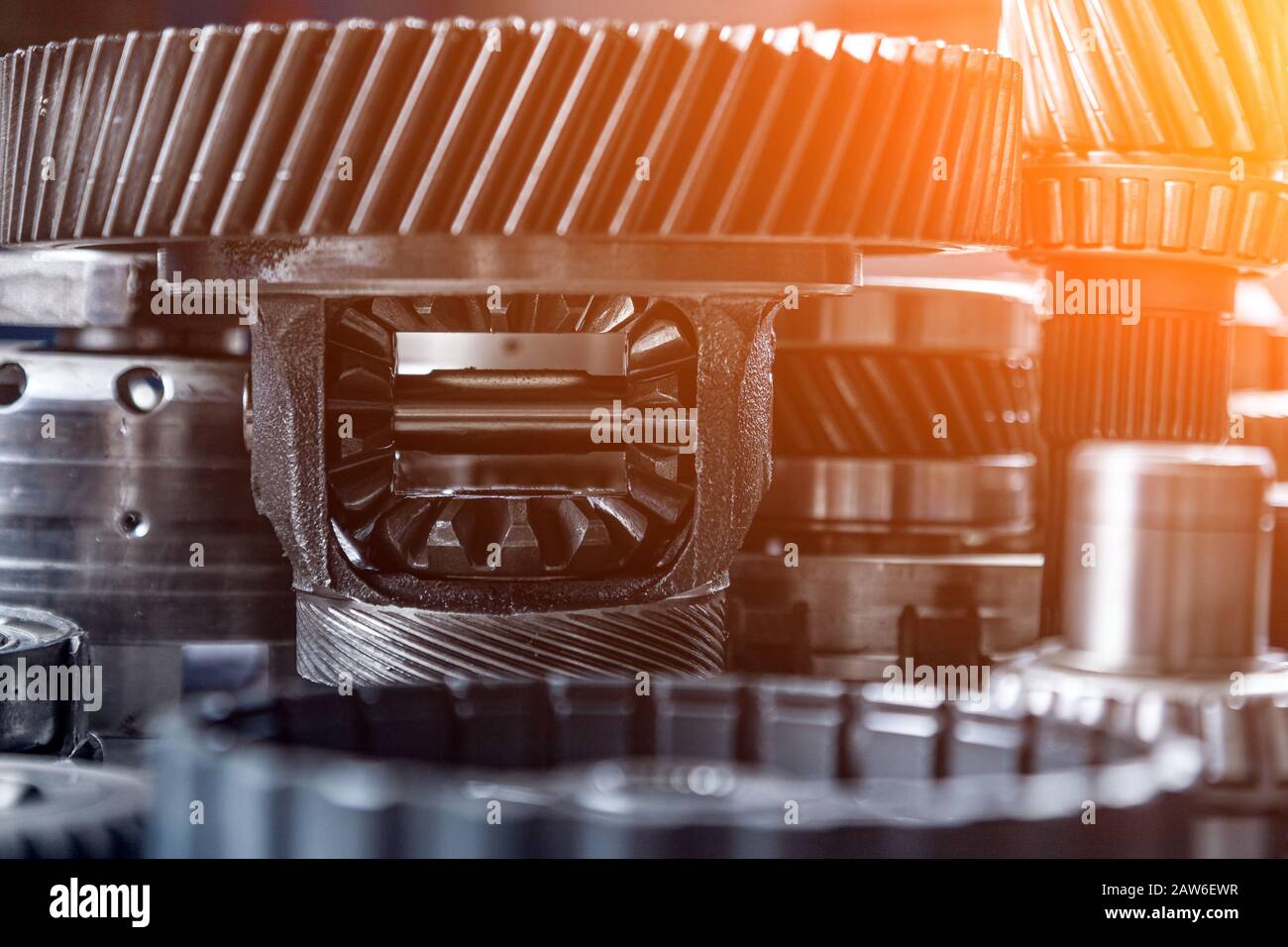 Set of various engine and gearbox spare parts. Shiny gears for