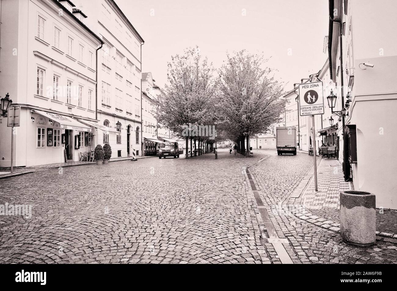 Early spring morning on Na Kampě, Malá Strana in black and white an avenue of trees in a square in a wide cobbled street framed by apartment buildings Stock Photo