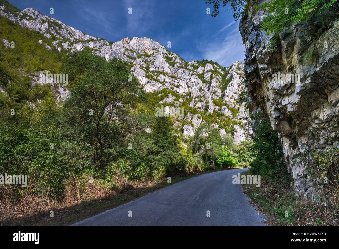 Road at Jerma (Erma) Gorge, Balkan Mountains (Stara Planina), near Poganovo Monastery, Pirot District, Serbia Stock Photo