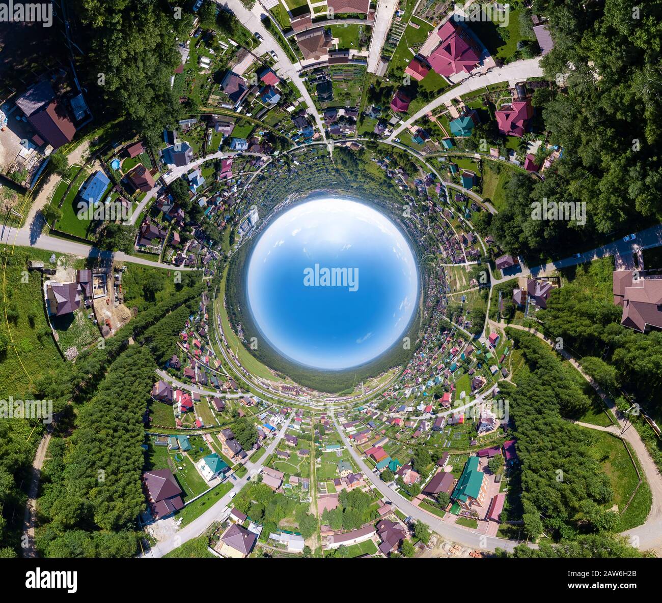 360 degree panoramic aerial drone view of an abstract world turned inside  out planet earth with many houses in Novosibirsk, Russia in summer with  colo Stock Photo - Alamy