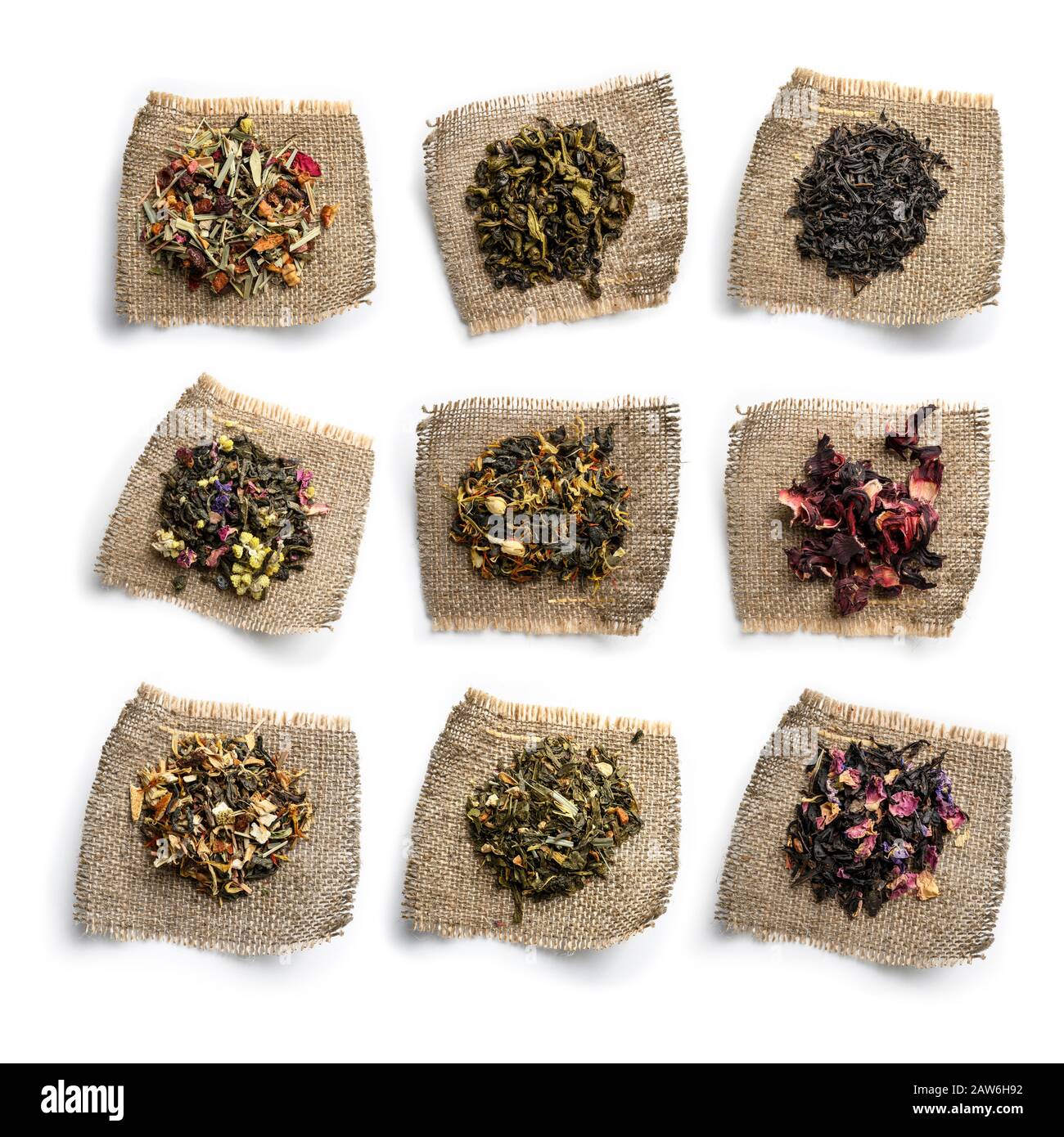 Assorted Made Tea Large assortment of tea on a white background. The view from the top ...
