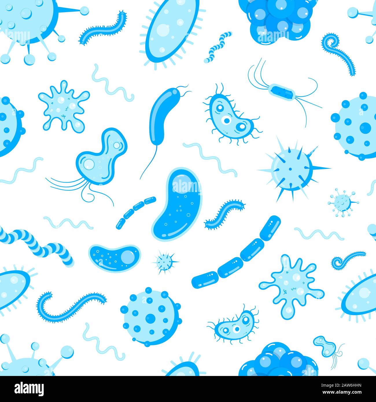 Bacterial microorganisms, germs and viruses colorful seamless pattern. Viruses, infections colorful, micro-organisms disease objects, cell cancer vect Stock Vector